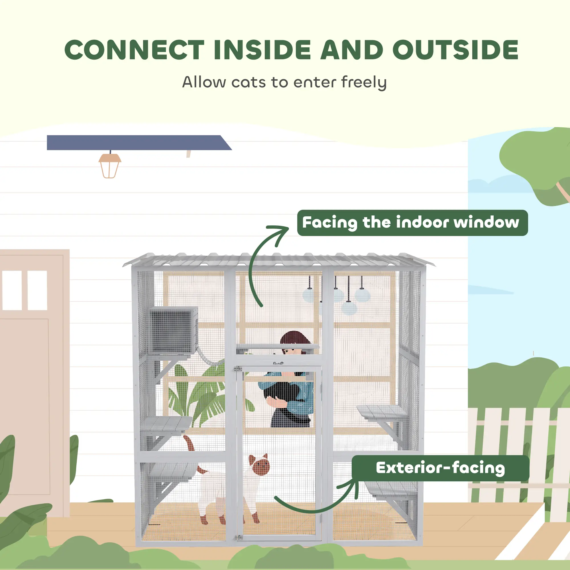 Outdoor Cat Enclosure, Window Box, Weatherproof Roof, Bridge, Resting Box, Platforms, for 2 Kittens, White - Image 4