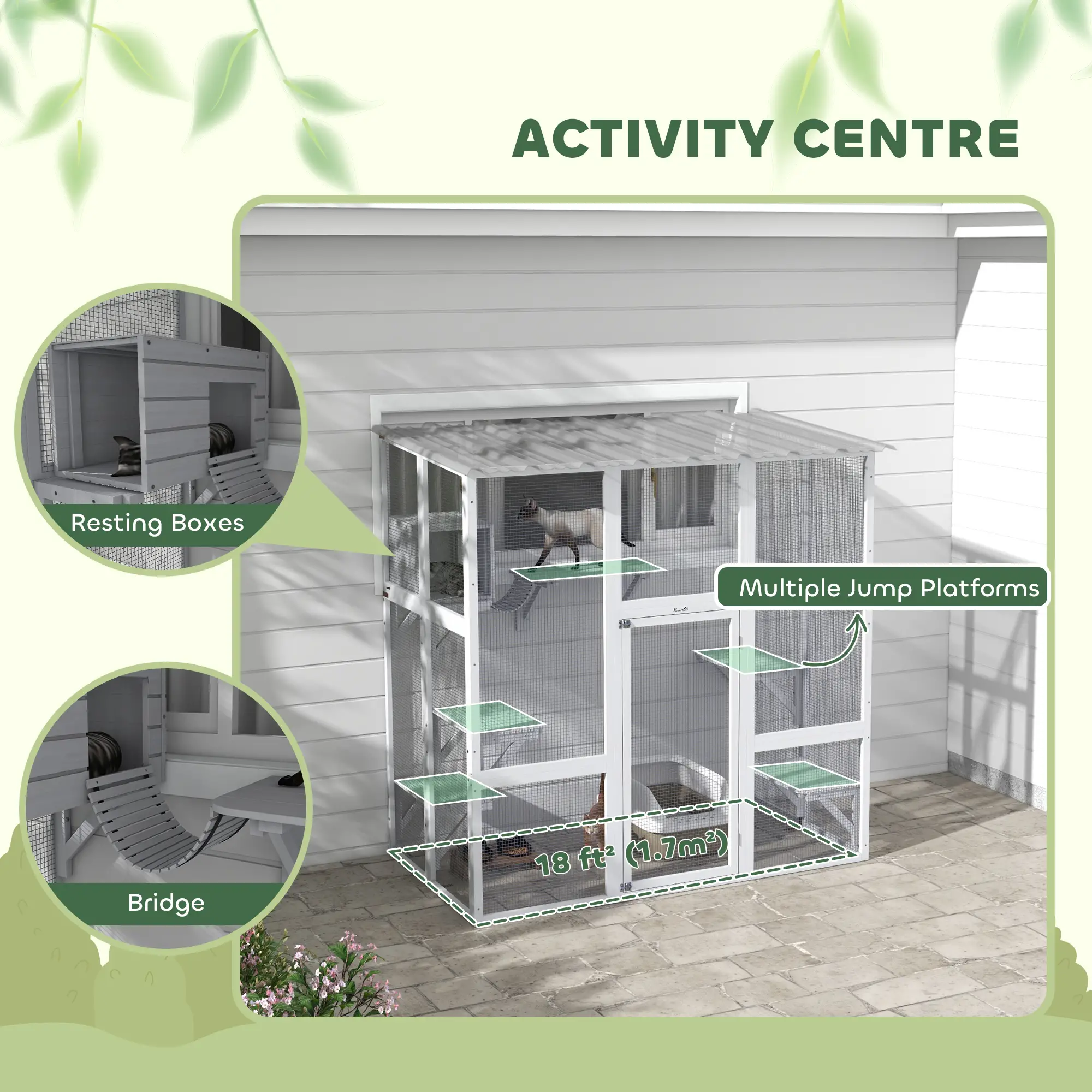Outdoor Cat Enclosure, Window Box, Weatherproof Roof, Bridge, Resting Box, Platforms, for 2 Kittens, White - Image 5