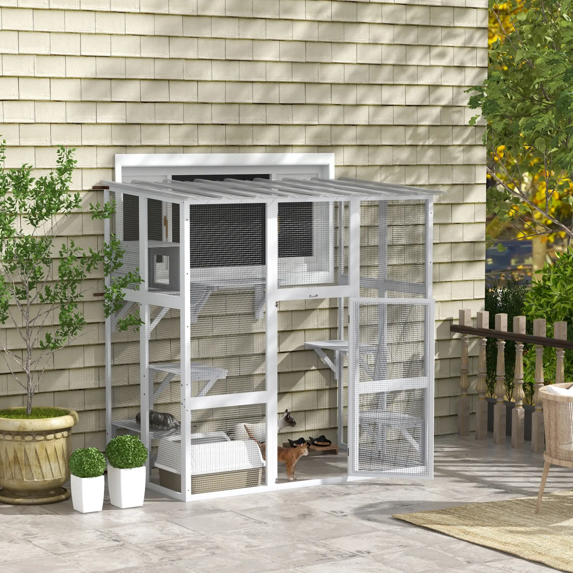 Outdoor Cat Enclosure, Window Box, Weatherproof Roof, Bridge, Resting Box, Platforms, for 2 Kittens, White - Image 8