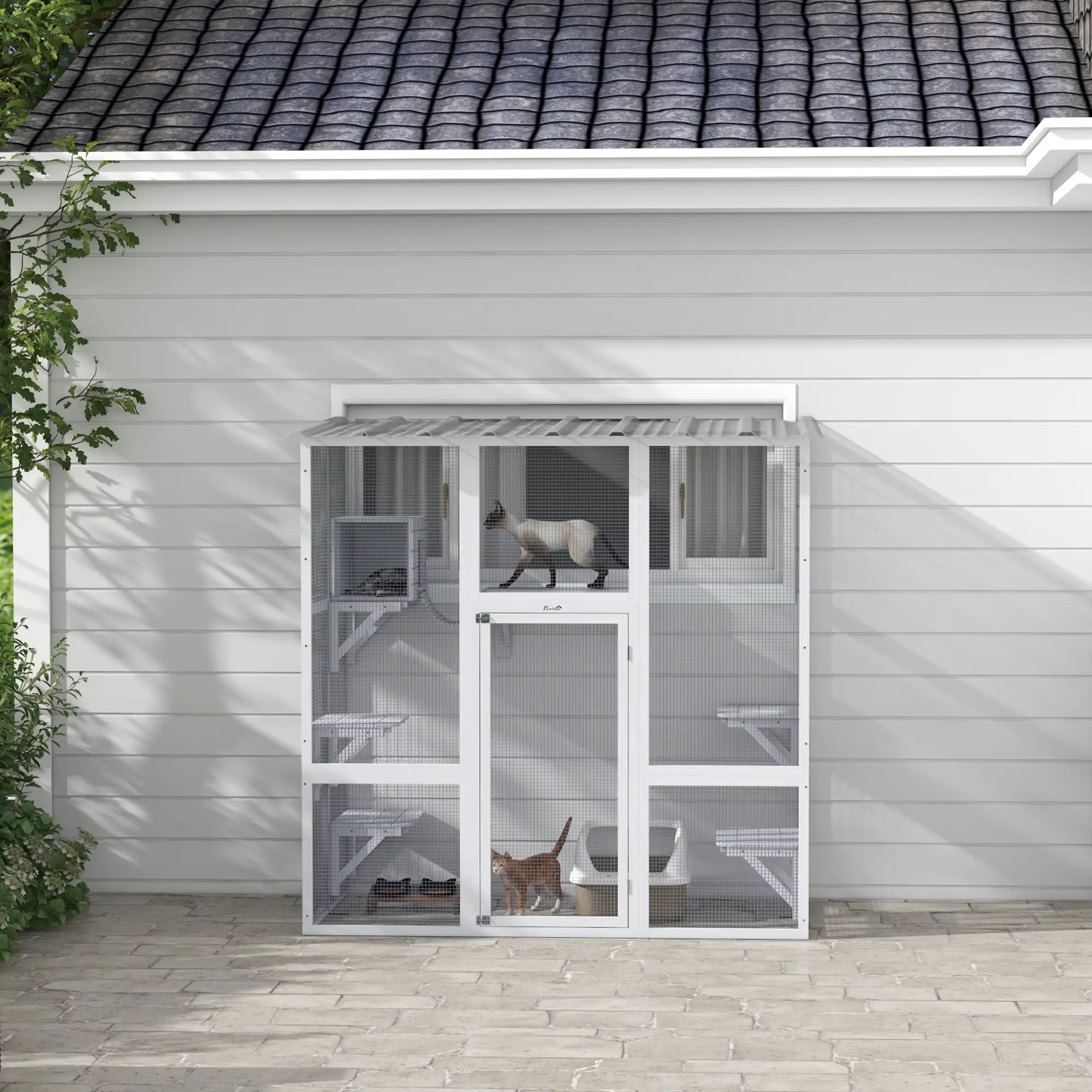 Outdoor Cat Enclosure, Window Box, Weatherproof Roof, Bridge, Resting Box, Platforms, for 2 Kittens, White - Image 9