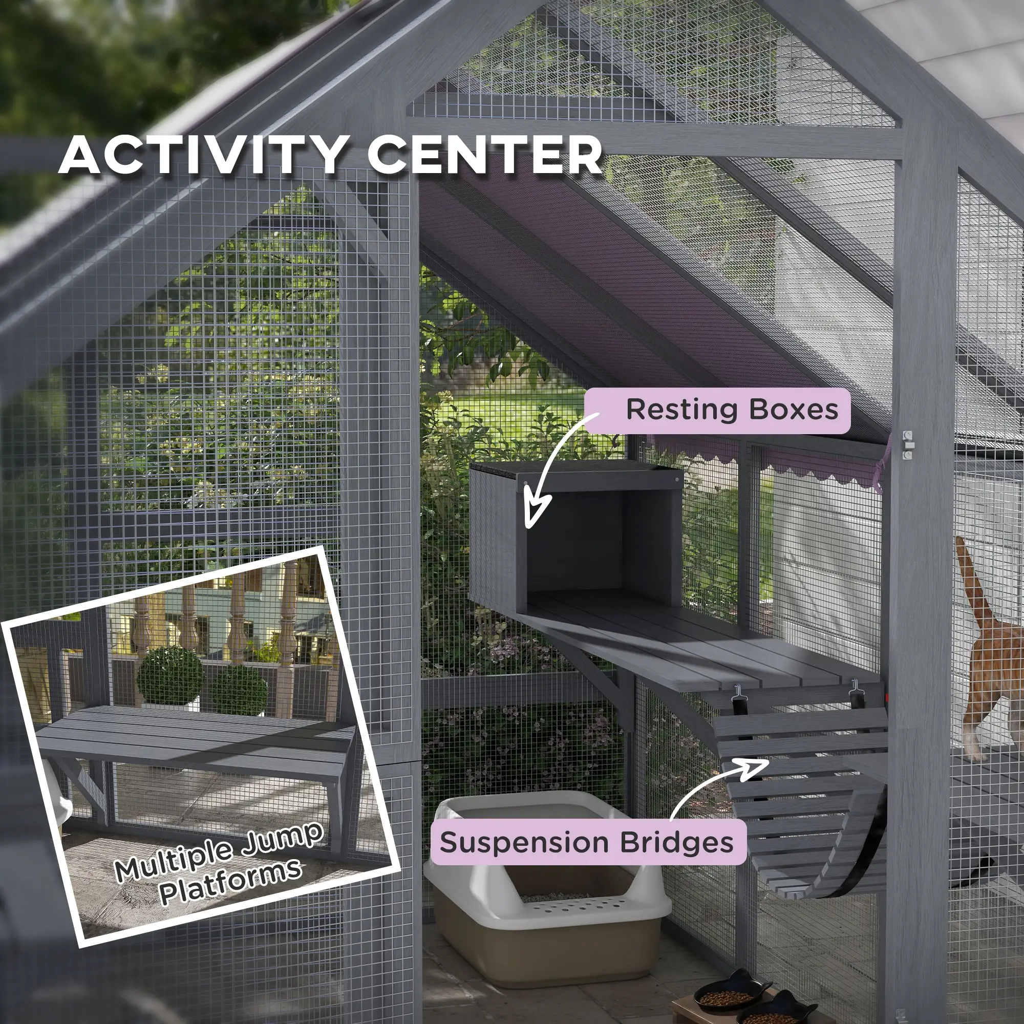Outdoor Cat Enclosure Wooden Feral Cat House w/ Weatherproof Canopy, Bridges, Resting Boxes, Platforms, for 3-6 Cats - Image 5