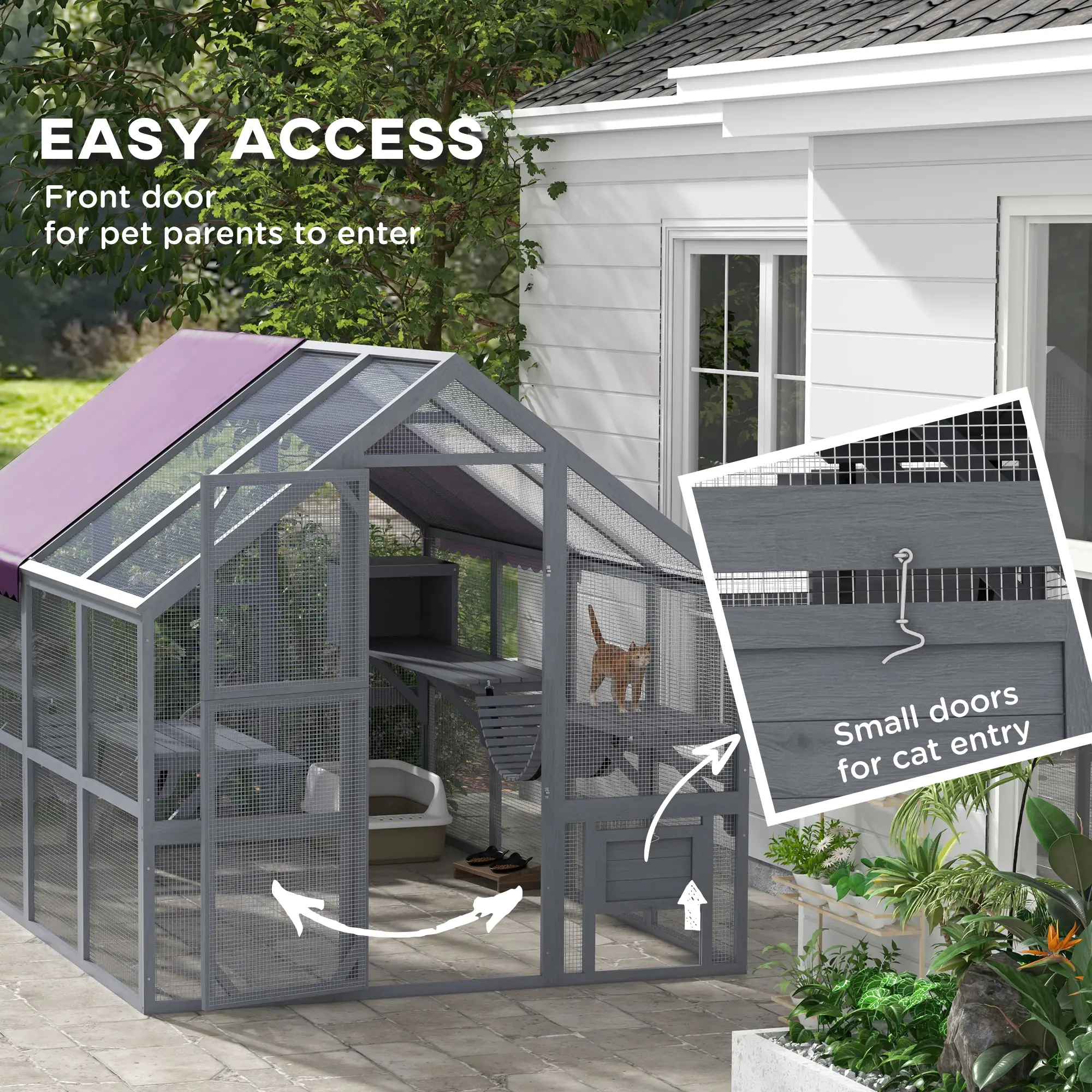 Outdoor Cat Enclosure Wooden Feral Cat House w/ Weatherproof Canopy, Bridges, Resting Boxes, Platforms, for 3-6 Cats - Image 7