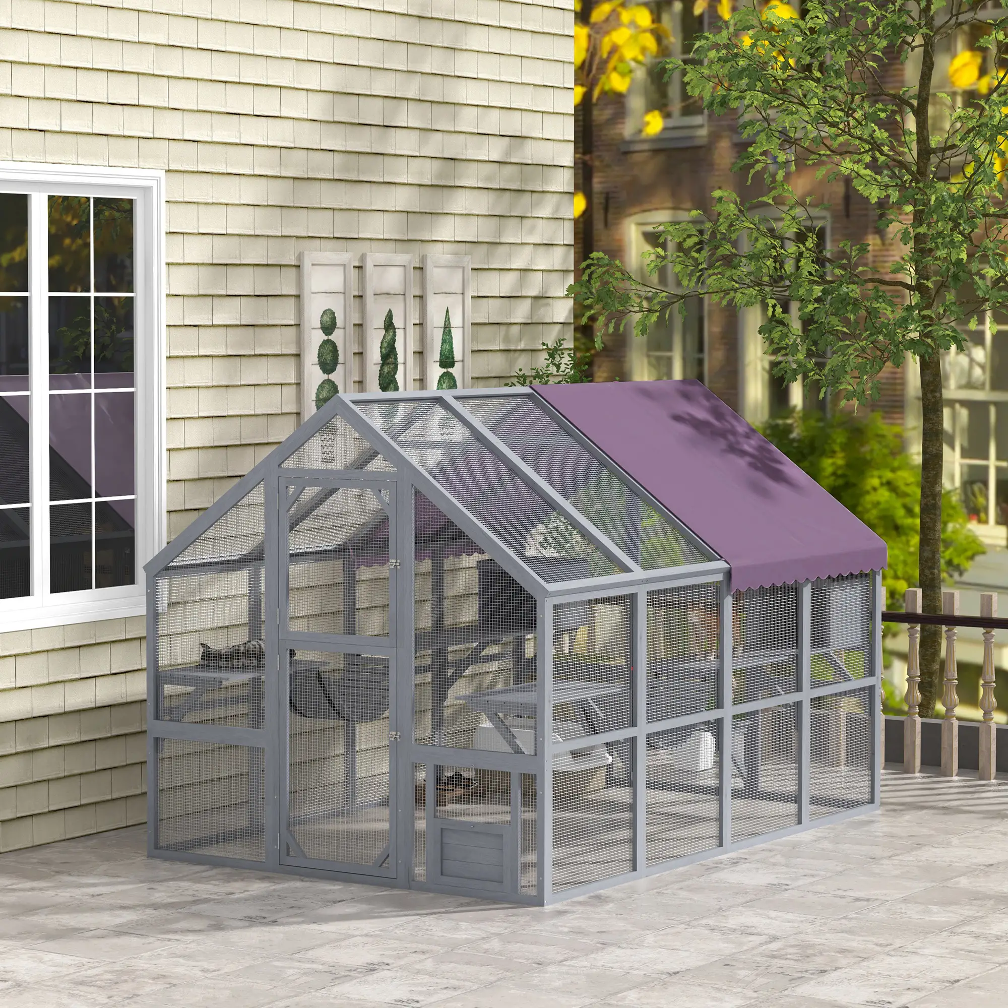 Outdoor Cat Enclosure Wooden Feral Cat House w/ Weatherproof Canopy, Bridges, Resting Boxes, Platforms, for 3-6 Cats - Image 8