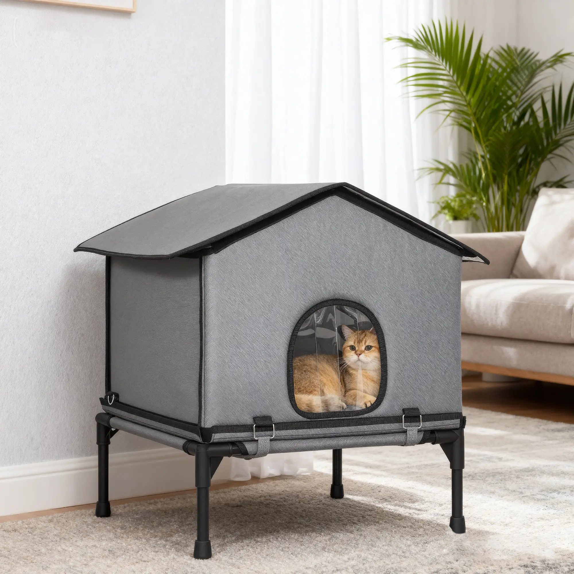Outdoor Cat House, Waterproof Insulated Cat Kennel with Elevated Base, Foldable Feral Kitty Shelter for Kittens, Grey - Image 10