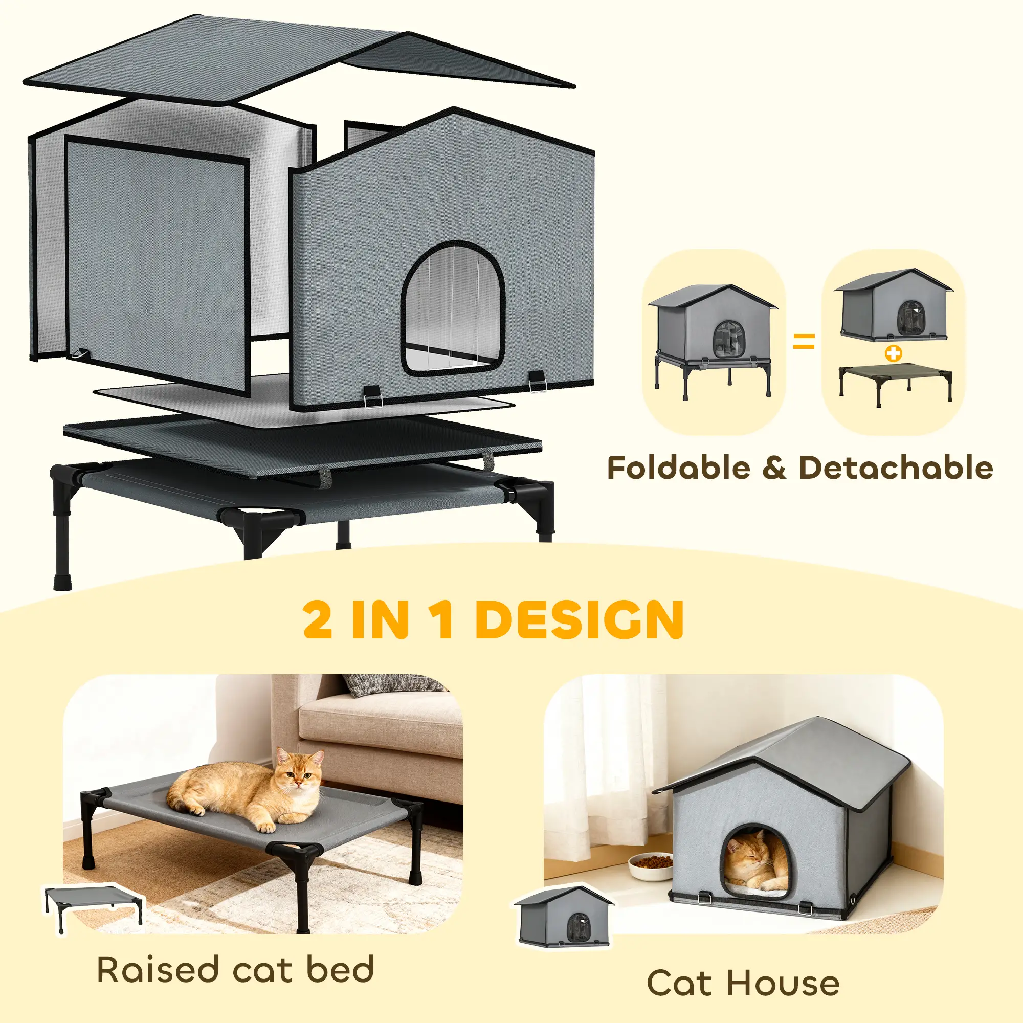 Outdoor Cat House, Waterproof Insulated Cat Kennel with Elevated Base, Foldable Feral Kitty Shelter for Kittens, Grey - Image 4