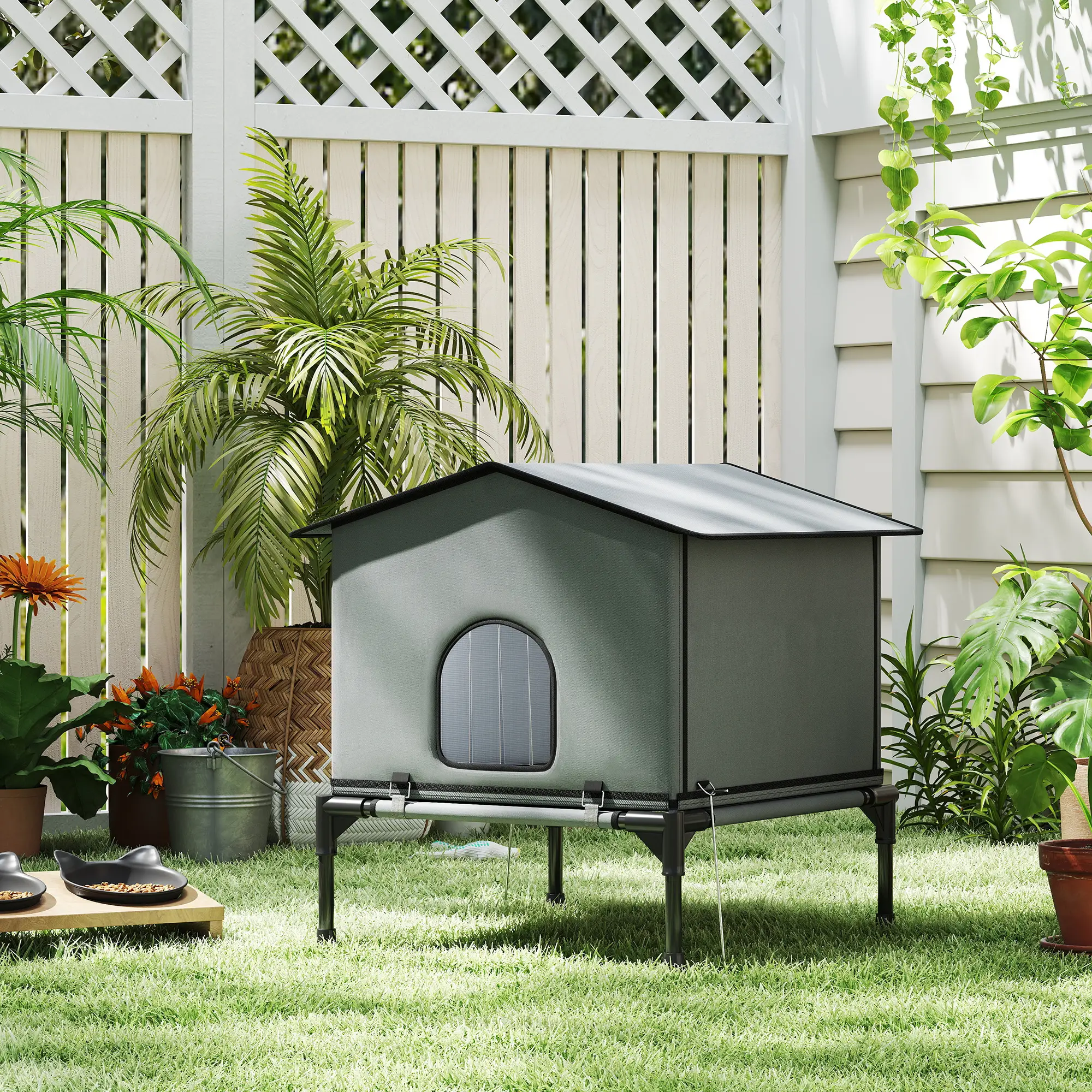 Outdoor Cat House, Waterproof Insulated Cat Kennel with Elevated Base, Foldable Feral Kitty Shelter for Kittens, Grey - Image 8