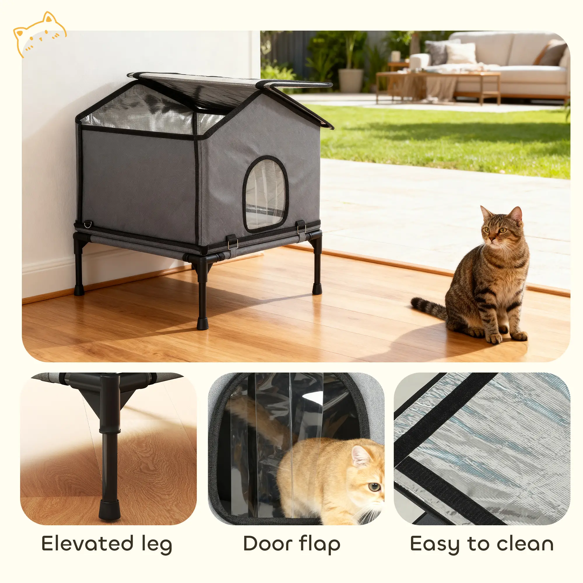 Outdoor Cat House, Waterproof Insulated Cat Kennel with Elevated Base, Foldable Feral Kitty Shelter for Kittens, Grey - Image 9