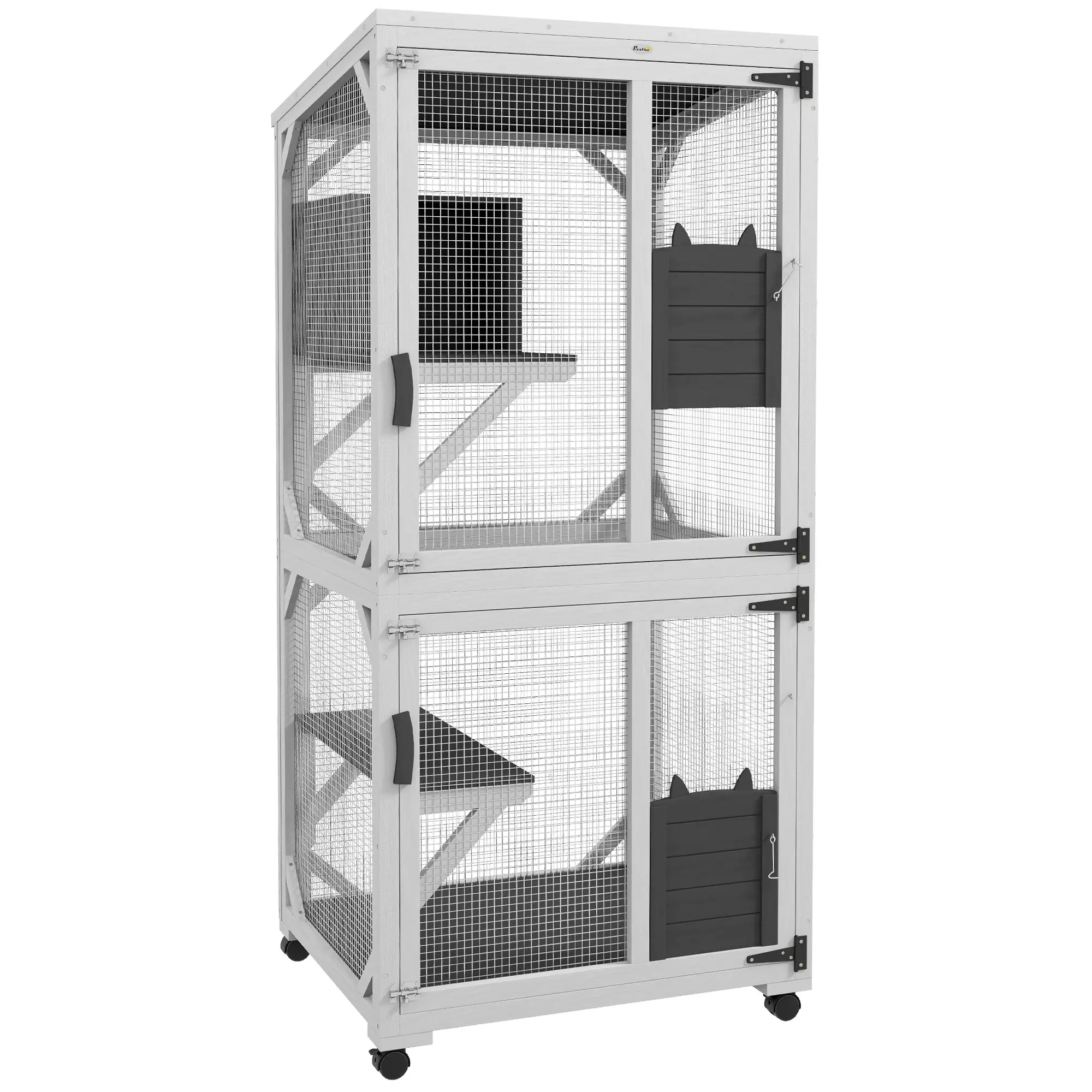 Outdoor Catio, Elevated Design with Wheels, Resting Box, Water-Resistant, Grey, White