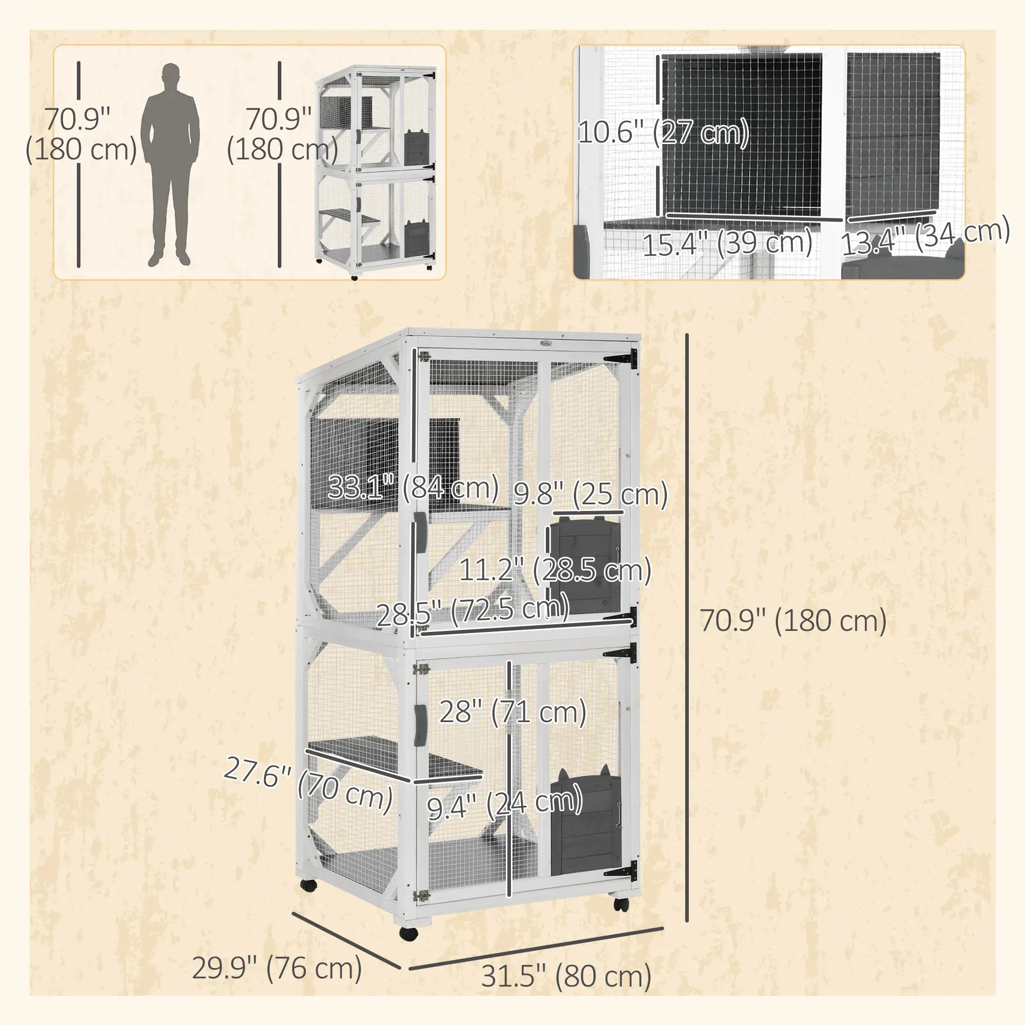 Outdoor Catio, Elevated Design with Wheels, Resting Box, Water-Resistant, Grey, White - Image 3
