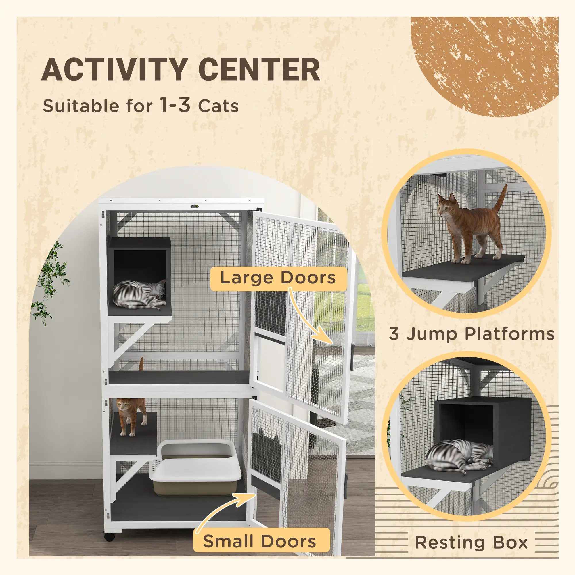 Outdoor Catio, Elevated Design with Wheels, Resting Box, Water-Resistant, Grey, White - Image 4