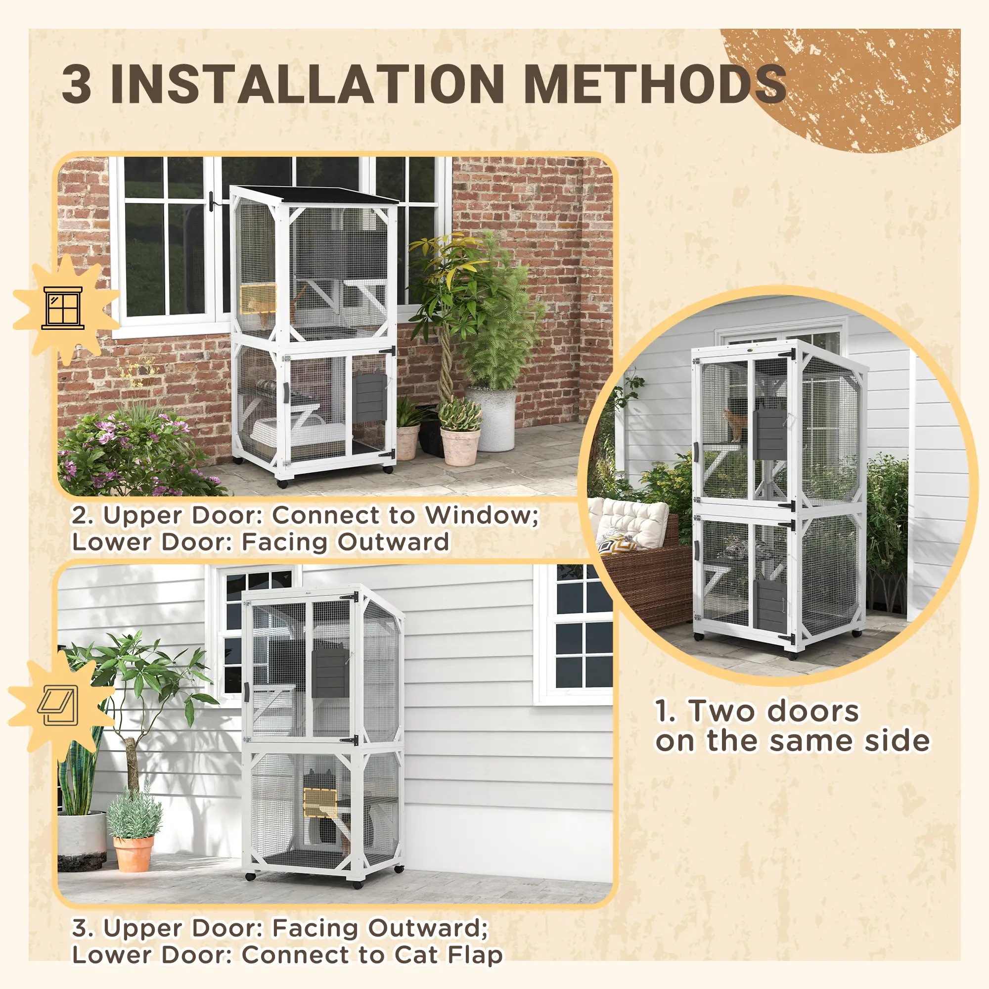 Outdoor Catio, Elevated Design with Wheels, Resting Box, Water-Resistant, Grey, White - Image 5