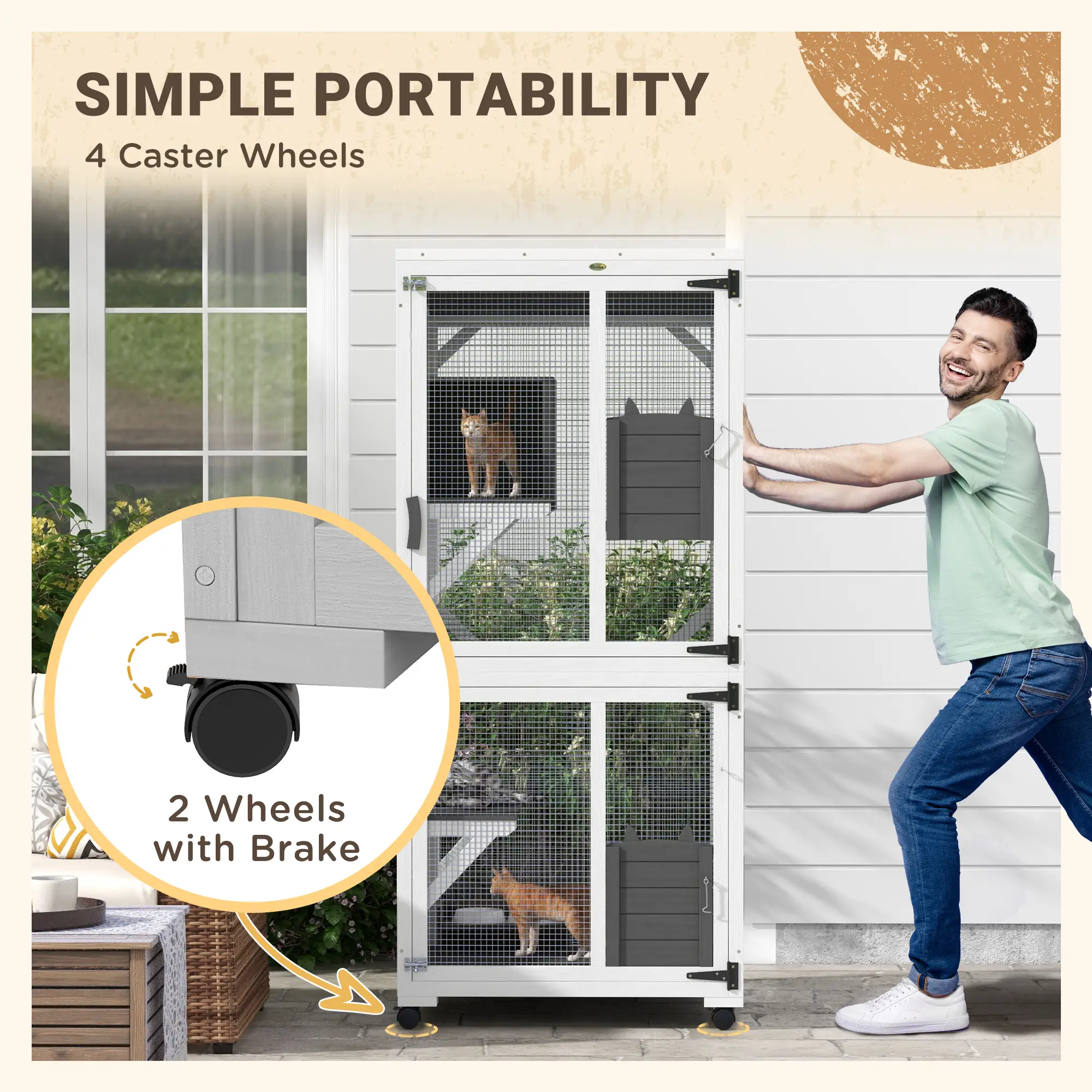 Outdoor Catio, Elevated Design with Wheels, Resting Box, Water-Resistant, Grey, White - Image 6