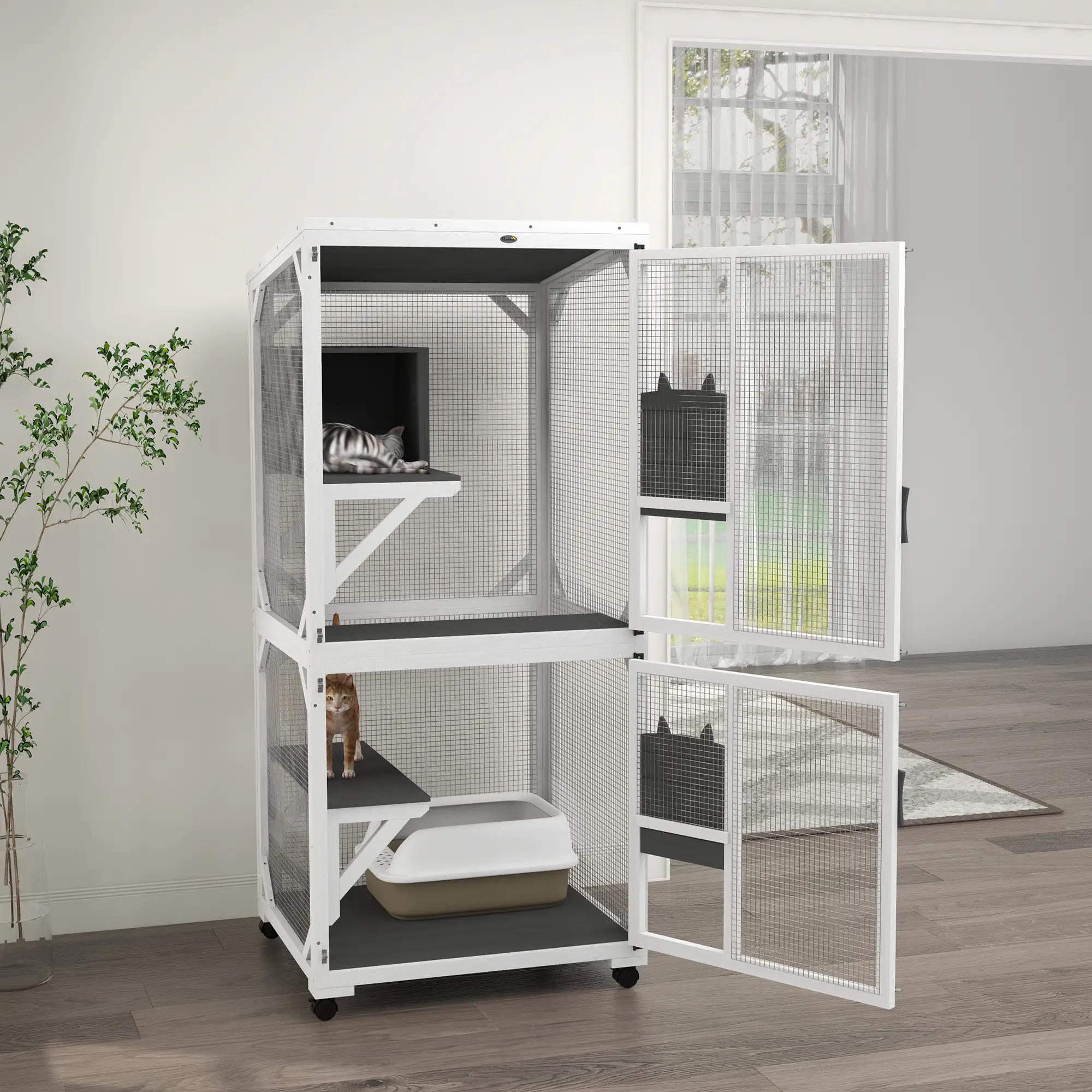 Outdoor Catio, Elevated Design with Wheels, Resting Box, Water-Resistant, Grey, White - Image 8