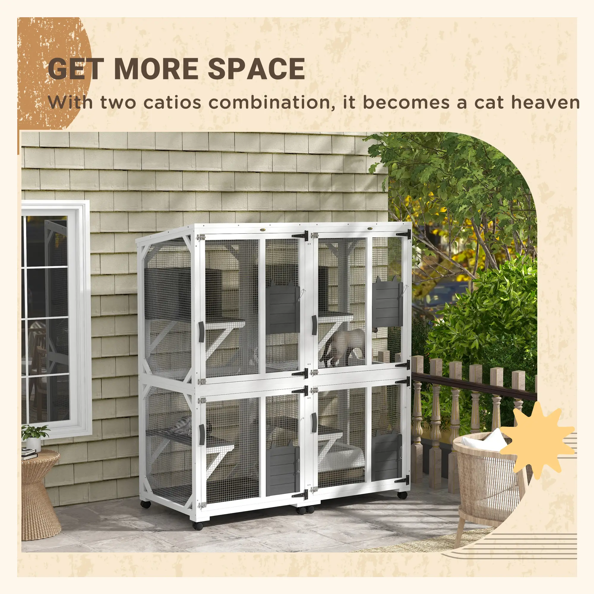 Outdoor Catio, Elevated Design with Wheels, Resting Box, Water-Resistant, Grey, White - Image 9