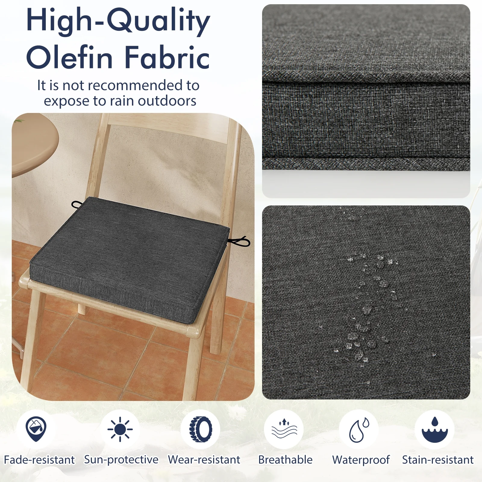 Outdoor Chair Cushion Set, 2 Waterproof Fade-Resistant Olefin, Gray - Image 7