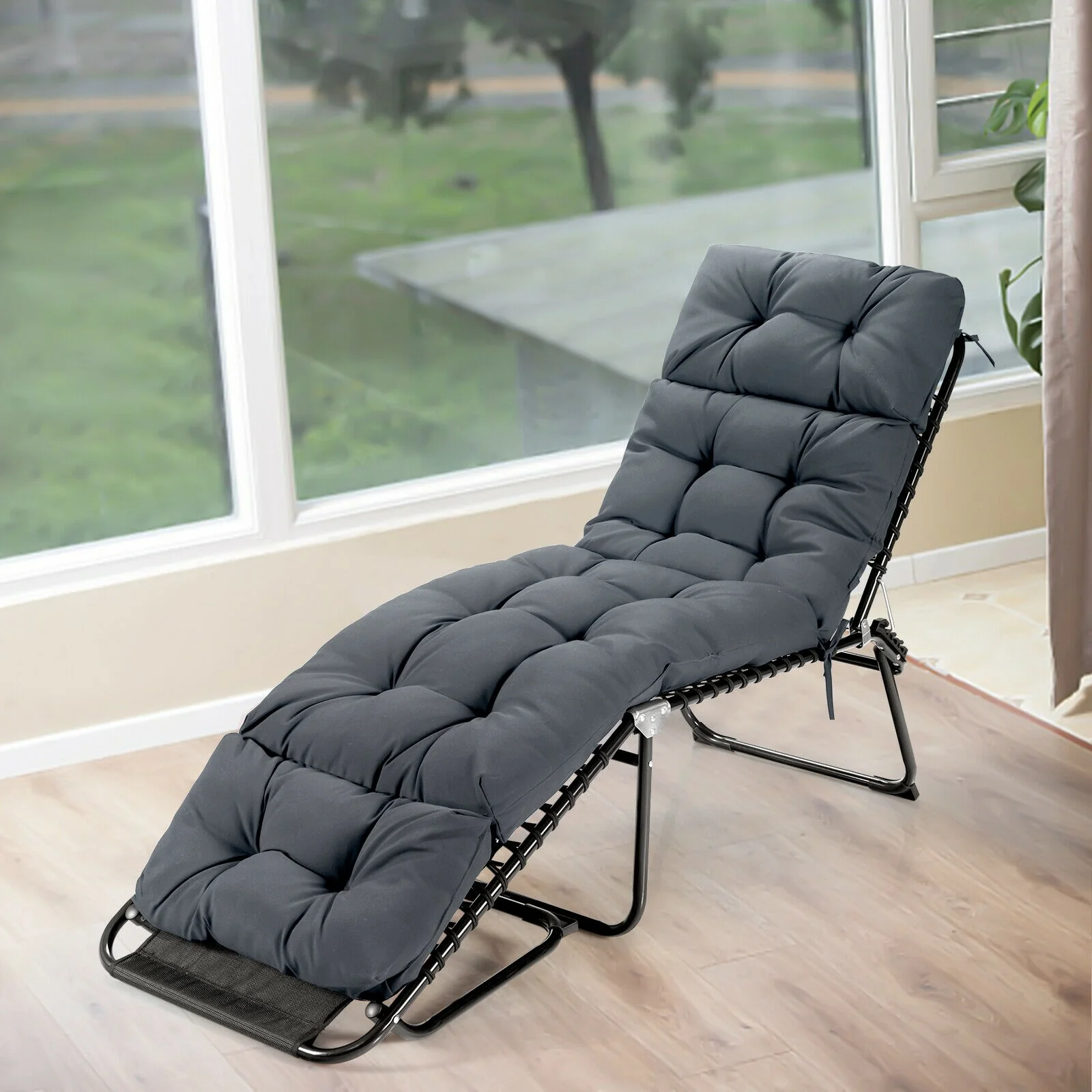 Outdoor Chaise Cushion With String Ties, Gray - Image 2