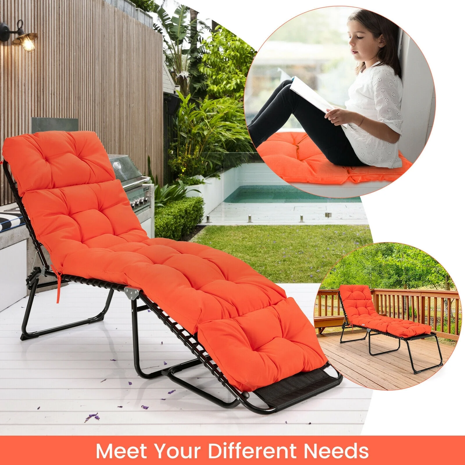 Outdoor Chaise Cushion With String Ties, Orange - Image 7