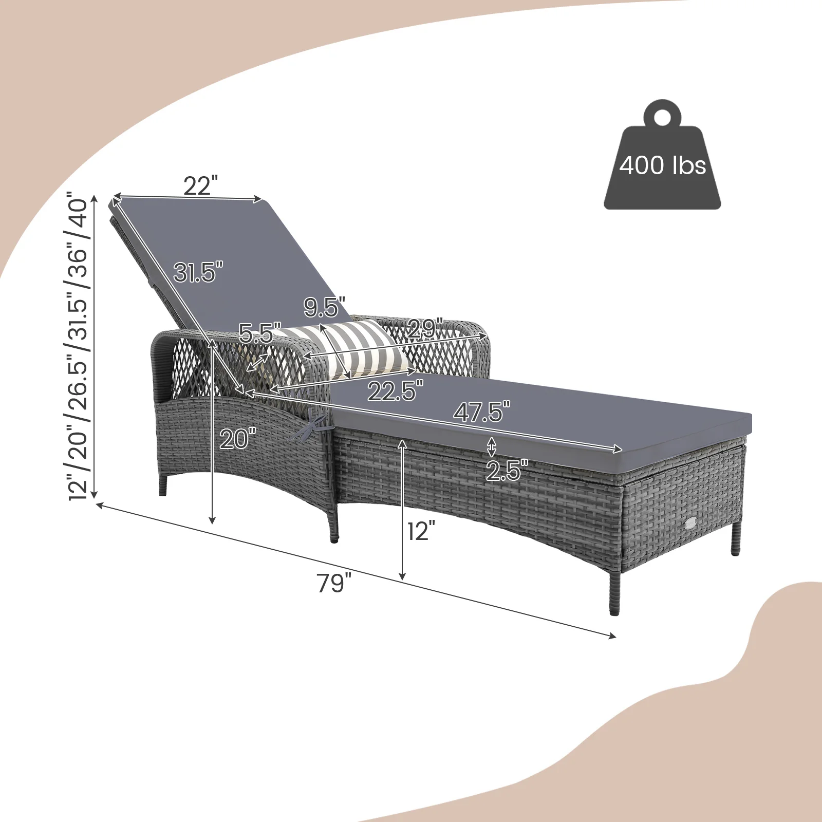 Outdoor Chaise Lounge Chair, 6-Level Backrest, Gray - Image 5