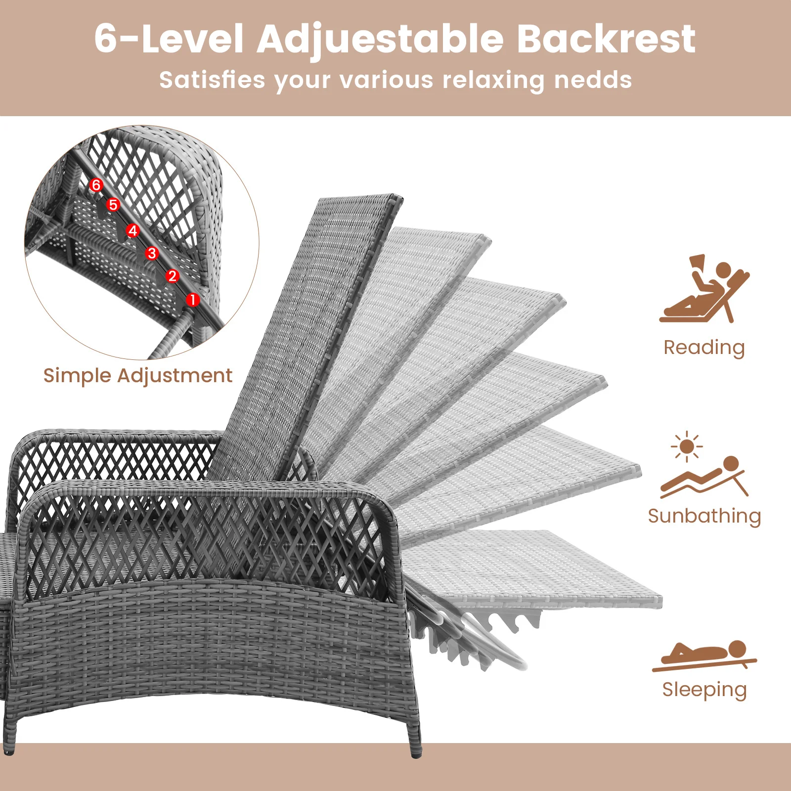 Outdoor Chaise Lounge Chair, 6-Level Backrest, Gray - Image 6