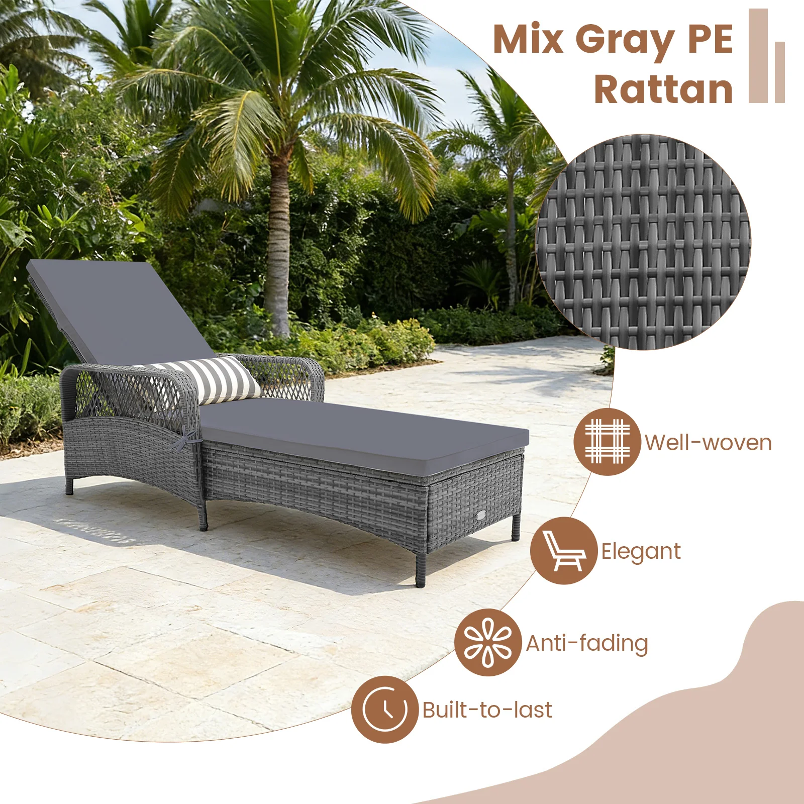 Outdoor Chaise Lounge Chair, 6-Level Backrest, Gray - Image 7