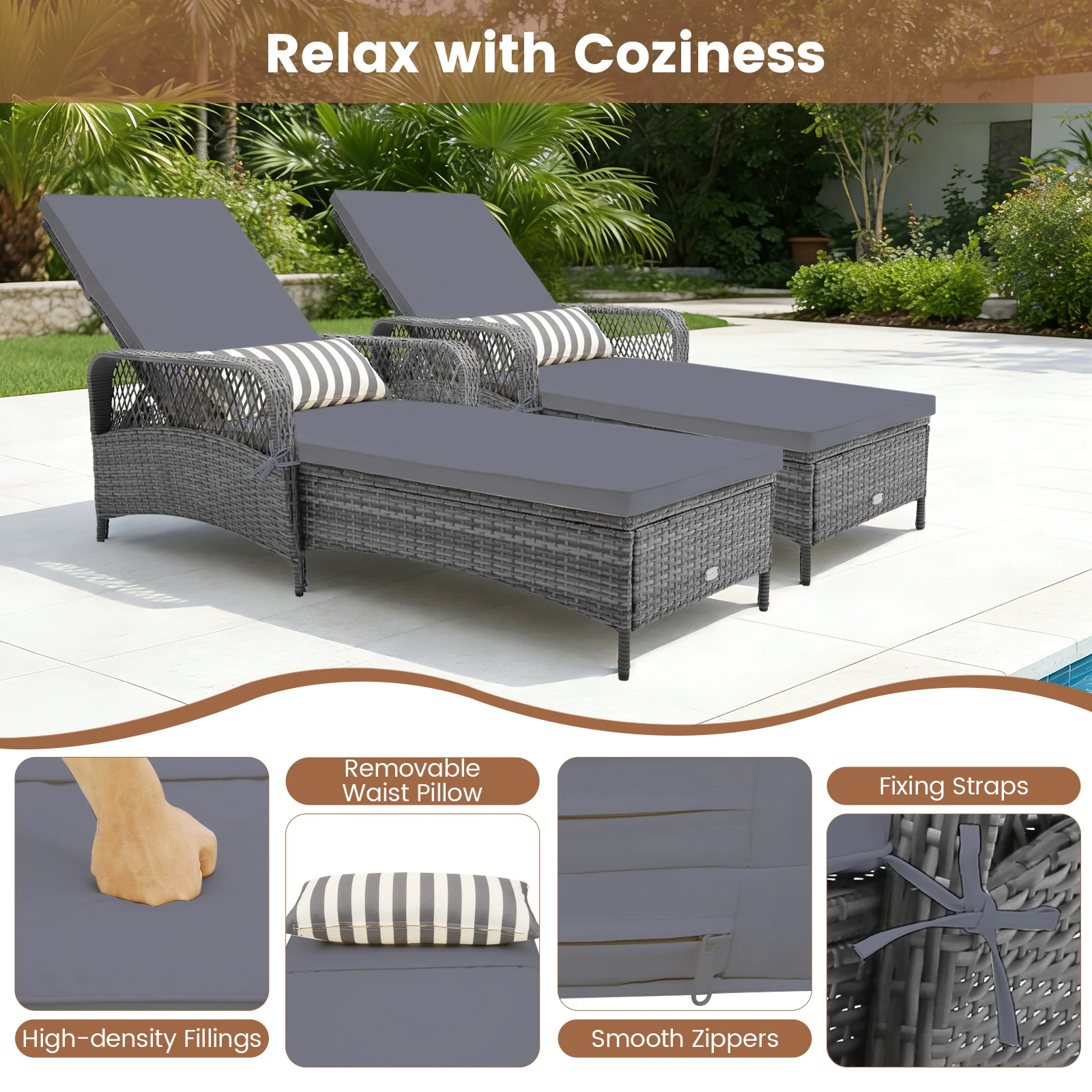 Outdoor Chaise Lounge Chair, 6-Level Backrest, Gray - Image 8