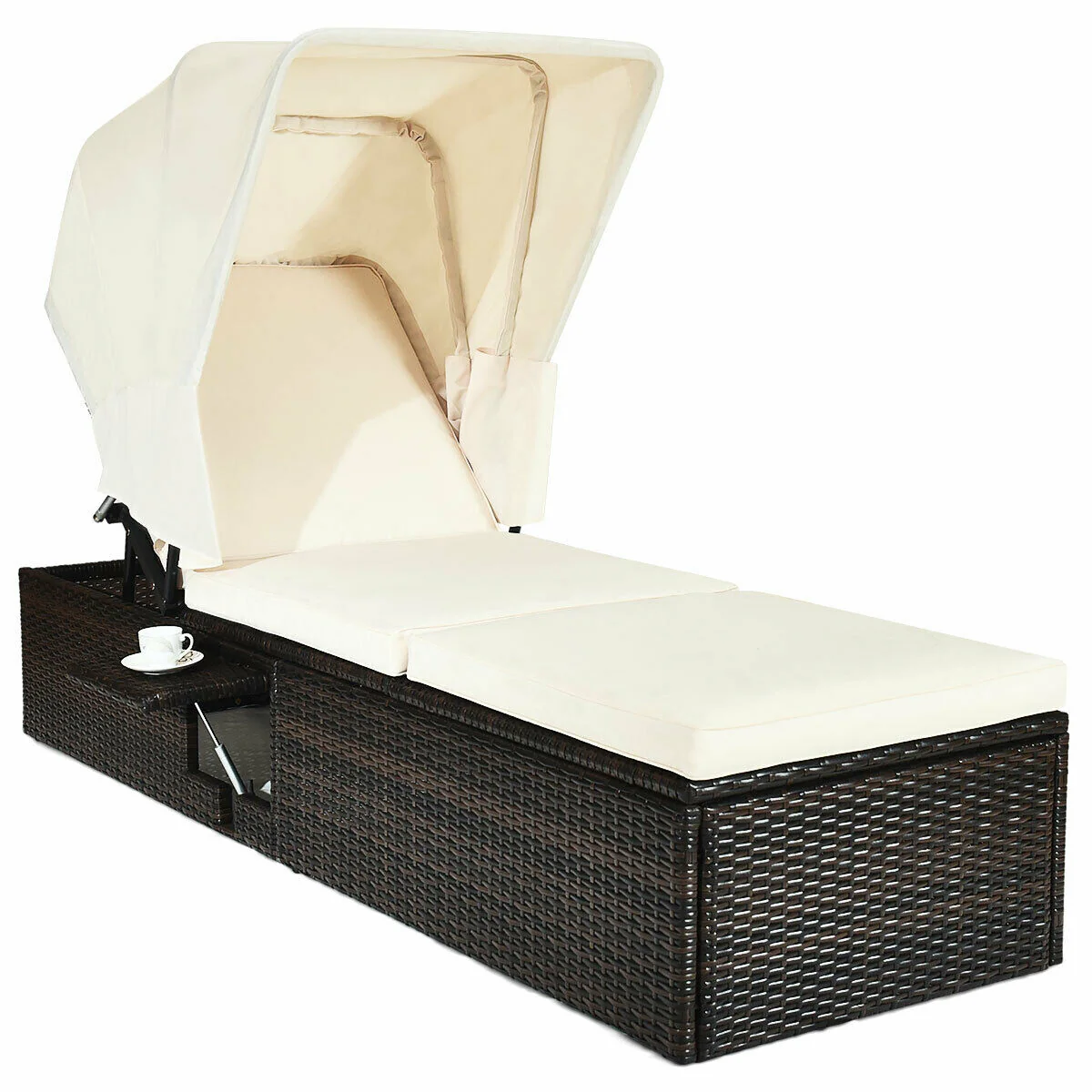 Outdoor Chaise Lounge Chair, Folding Canopy, White