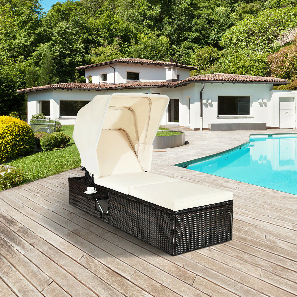 Outdoor Chaise Lounge Chair, Folding Canopy, White - Image 2