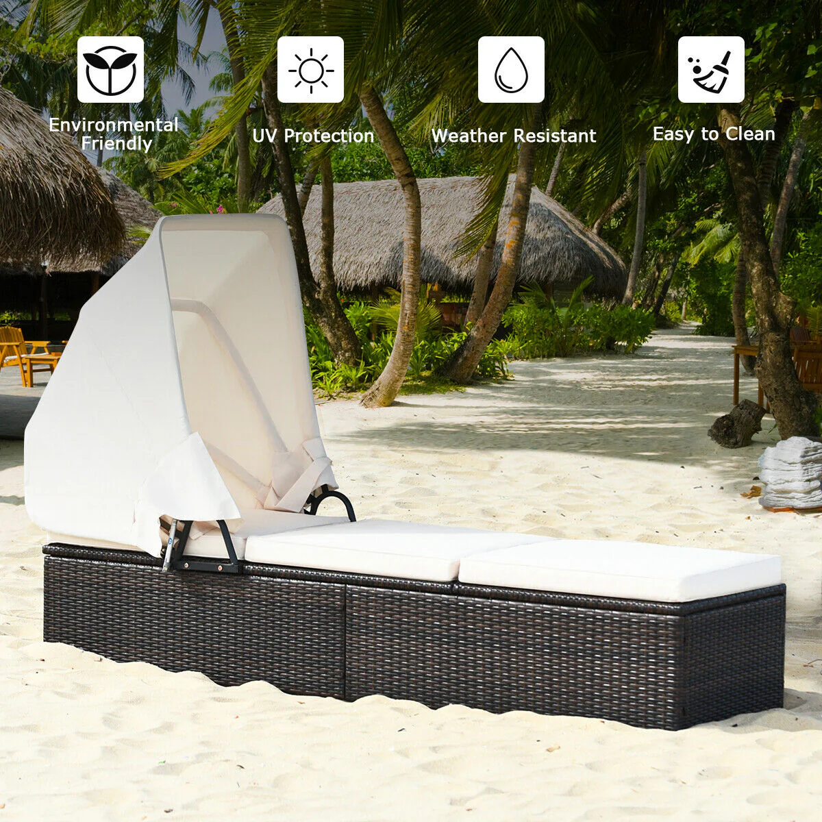 Outdoor Chaise Lounge Chair, Folding Canopy, White - Image 3