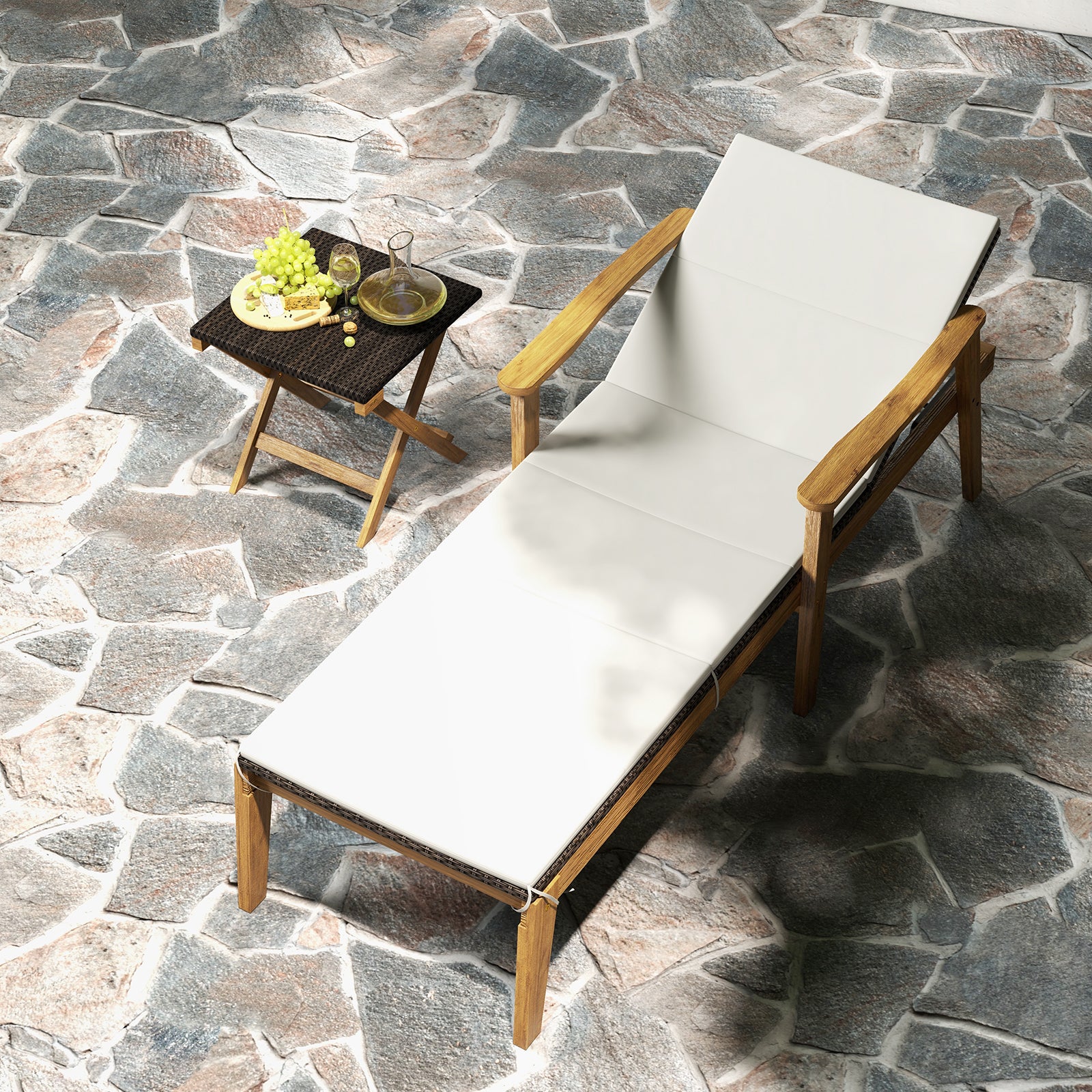 Outdoor Chaise Lounge Chair, Rattan Patio Recliner With Armrests, Off White - Image 2