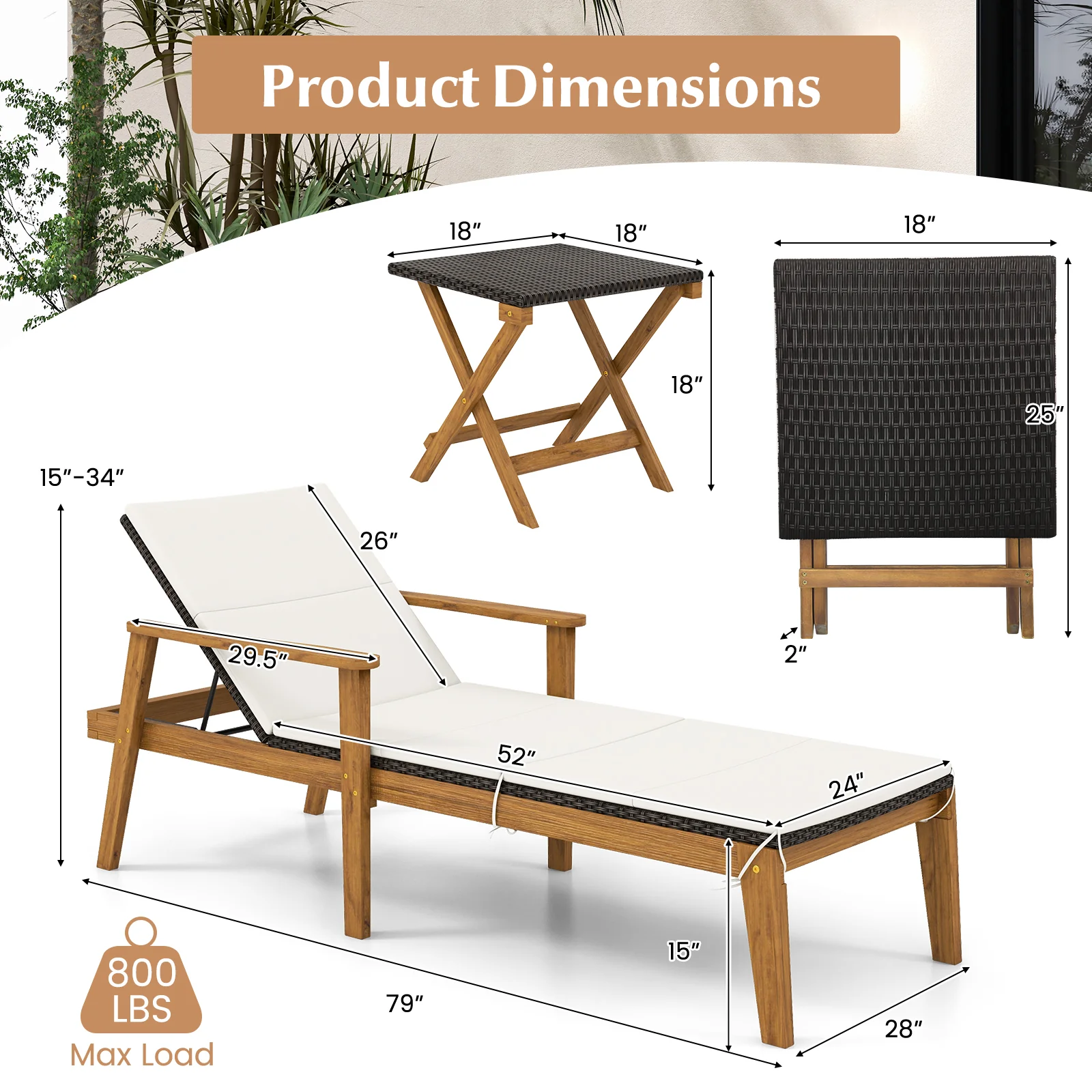 Outdoor Chaise Lounge Chair, Rattan Patio Recliner With Armrests, Off White - Image 6