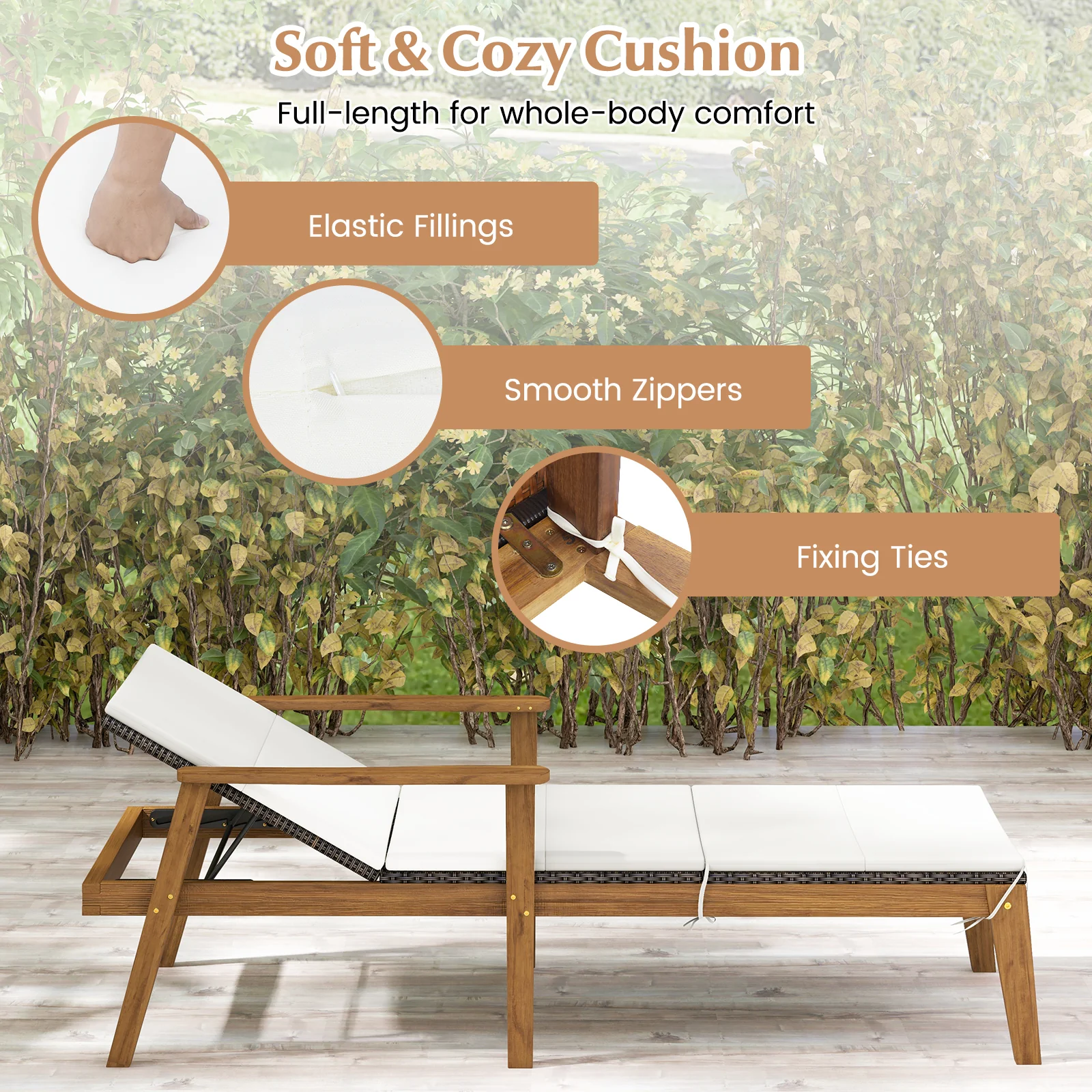 Outdoor Chaise Lounge Chair, Rattan Patio Recliner With Armrests, Off White - Image 8