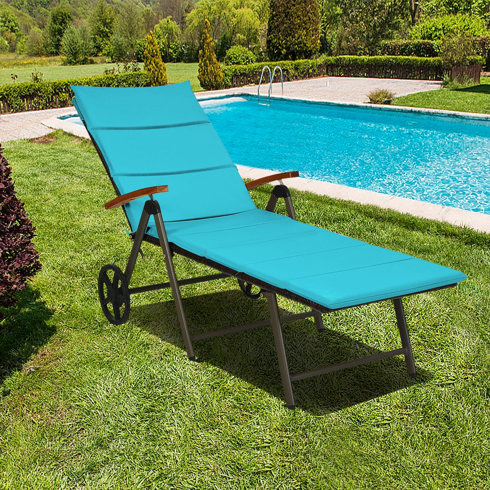 Outdoor Chaise Lounge Chair, Rattan Recliner, Turquoise - Image 2