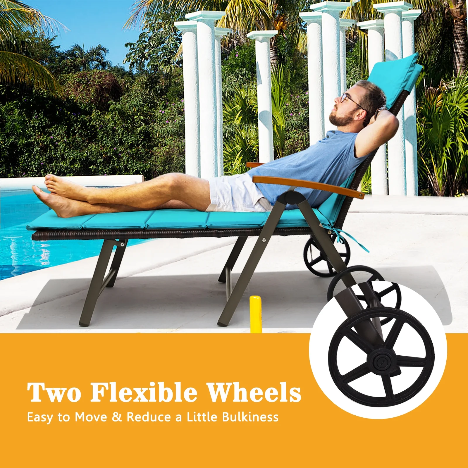 Outdoor Chaise Lounge Chair, Rattan Recliner, Turquoise - Image 3