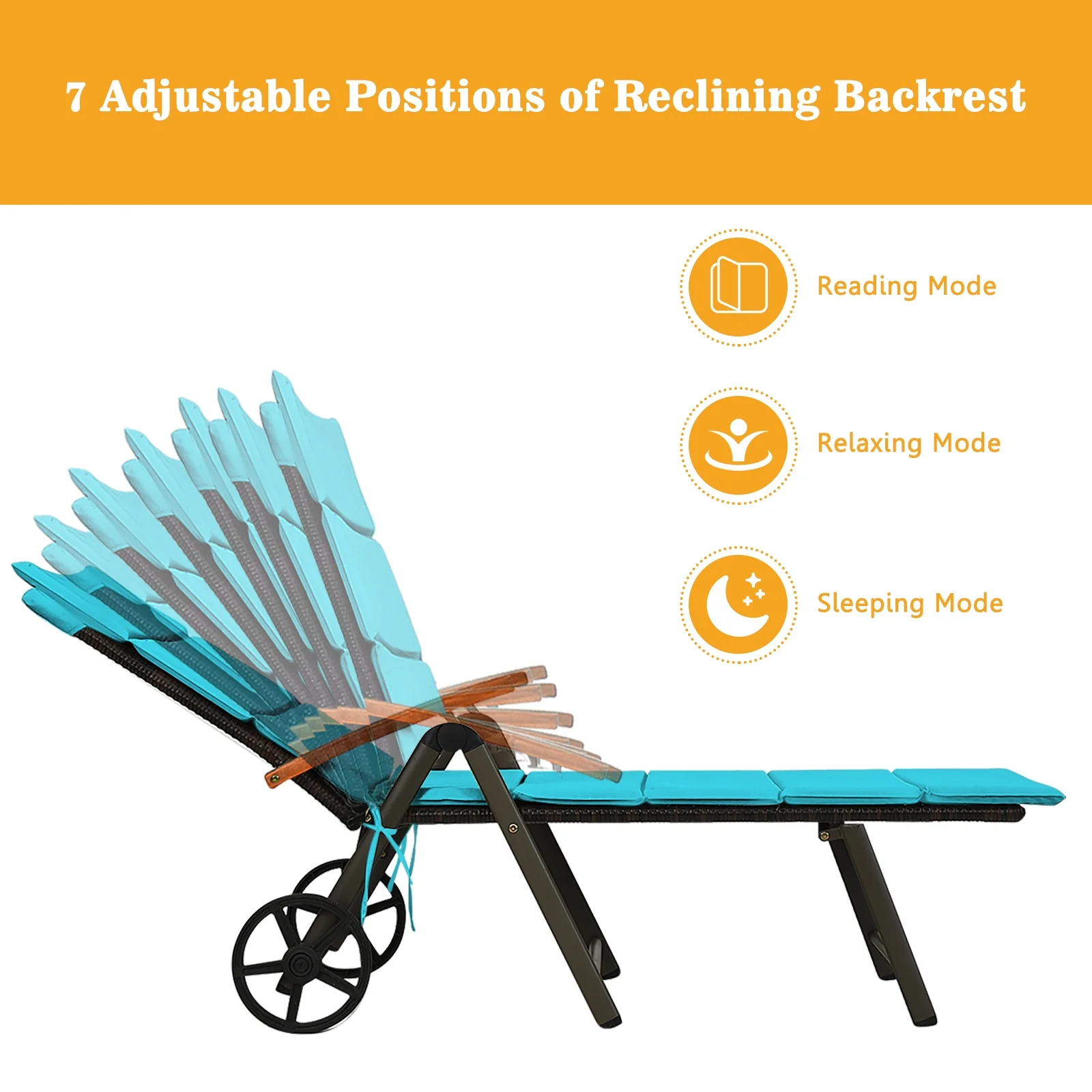 Outdoor Chaise Lounge Chair, Rattan Recliner, Turquoise - Image 6