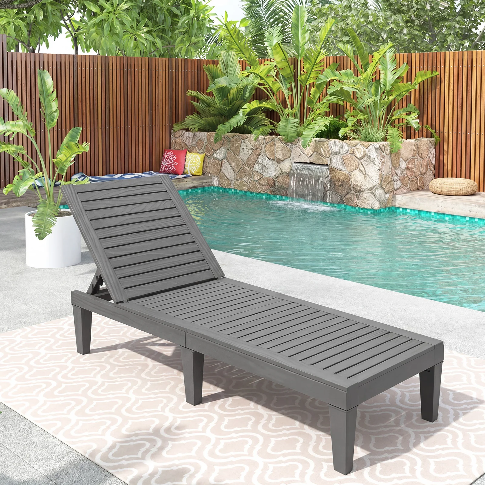 Outdoor Chaise Lounge Chair with 5 Positions Adjustable Backrest-Grey, Gray - Image 2