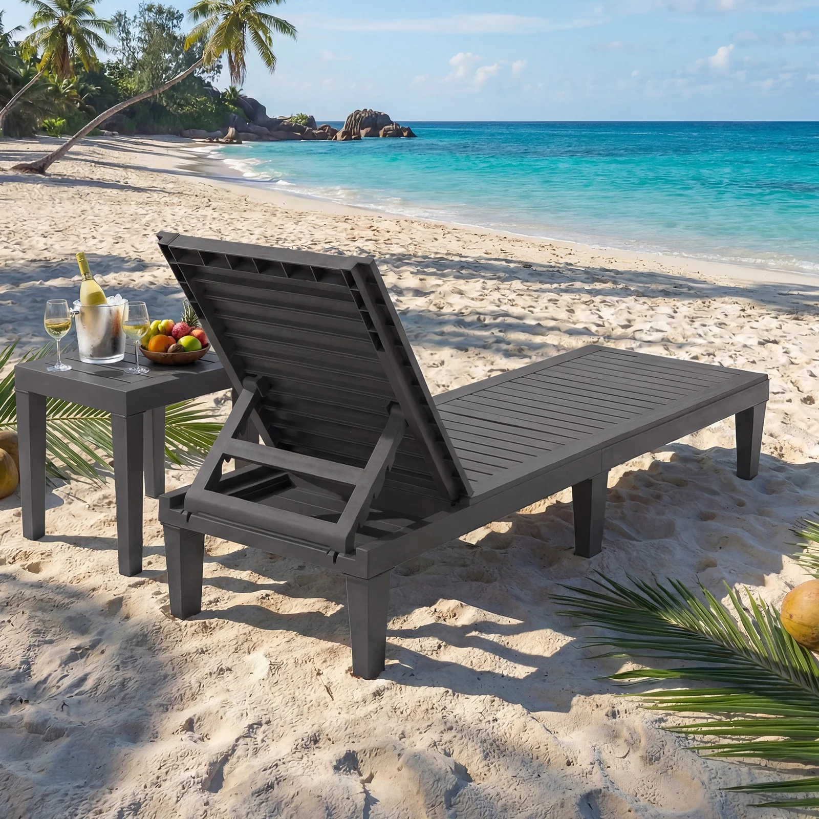 Outdoor Chaise Lounge Chair with 5 Positions Adjustable Backrest-Grey, Gray - Image 3