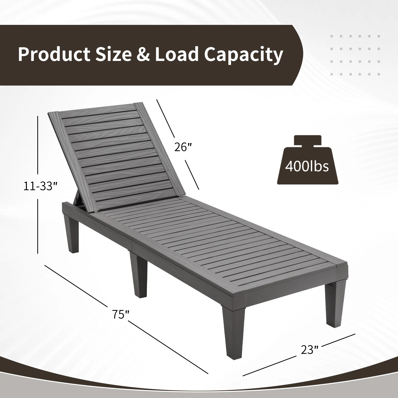 Outdoor Chaise Lounge Chair with 5 Positions Adjustable Backrest-Grey, Gray - Image 6