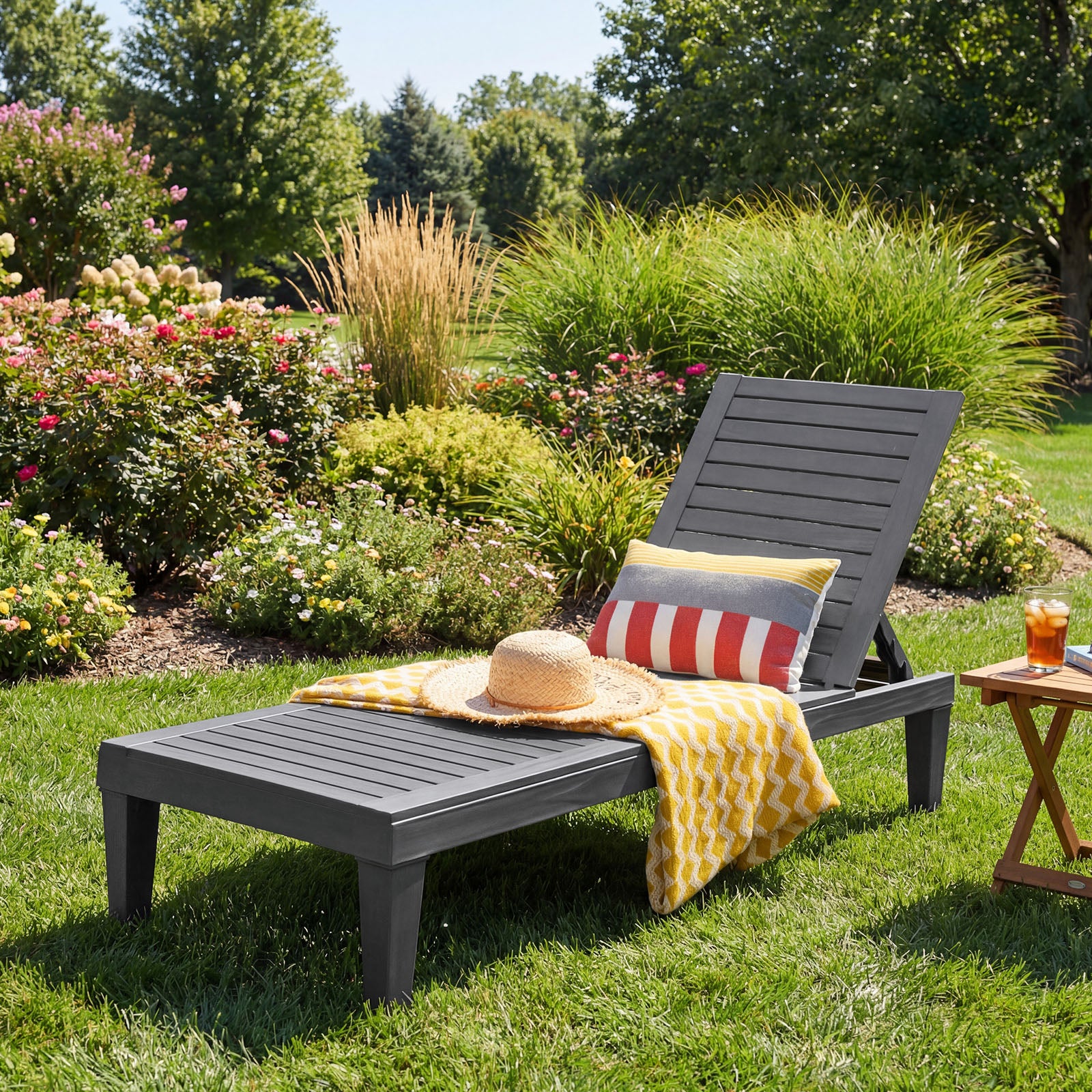 Outdoor Chaise Lounge Chair with 5 Positions Adjustable Backrest-Grey, Gray - Image 9