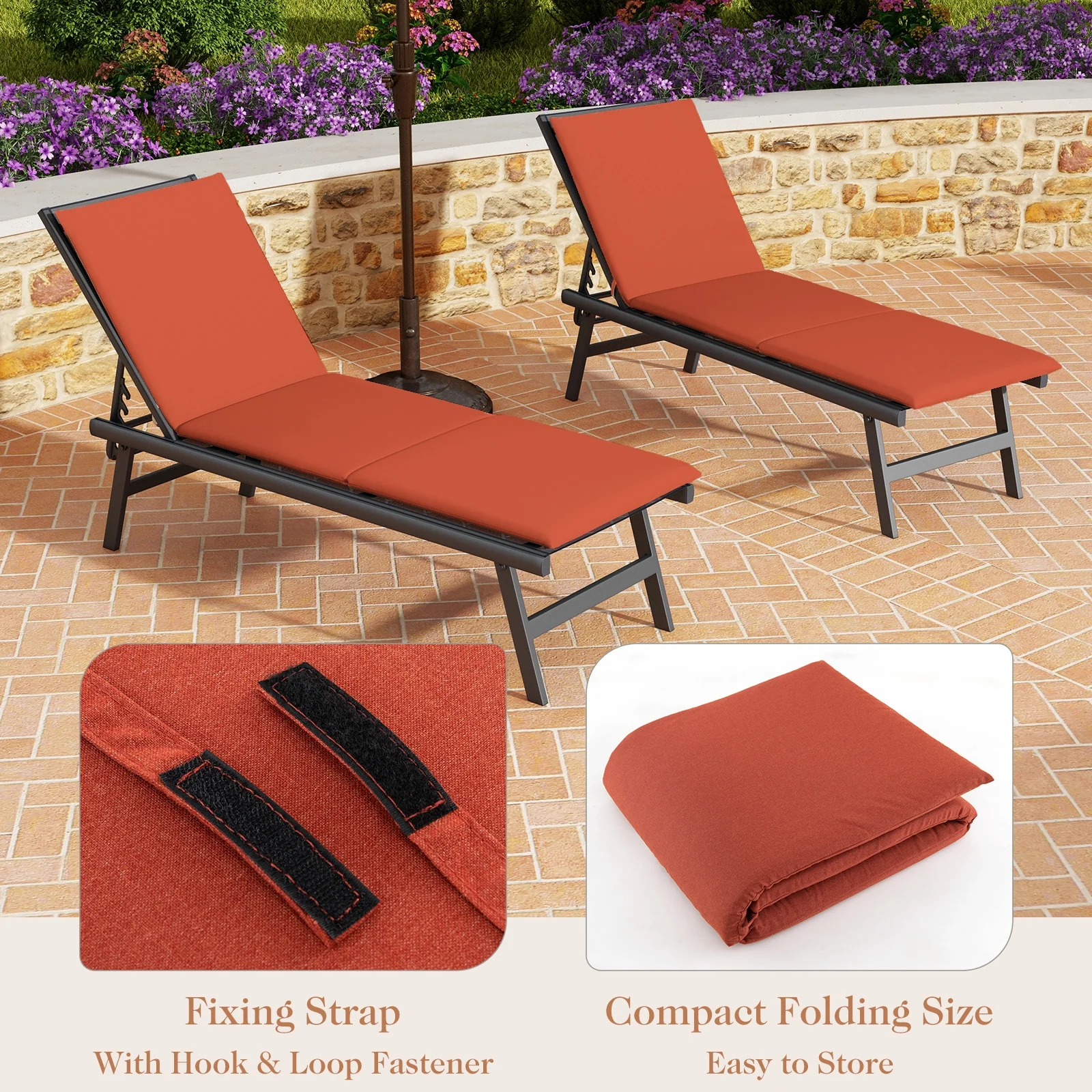 Outdoor Chaise Lounge Cushion, Folding Pad With Straps, Orange - Image 6