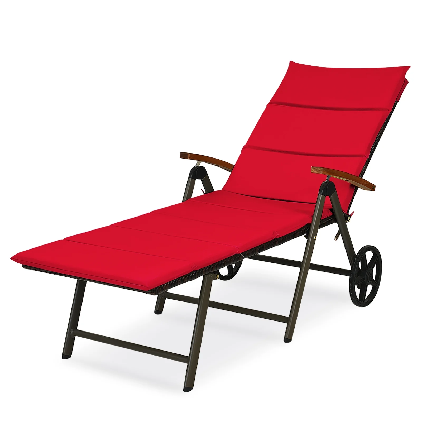 Outdoor Chaise Lounge Rattan Recliner Chair, Red - Image 10