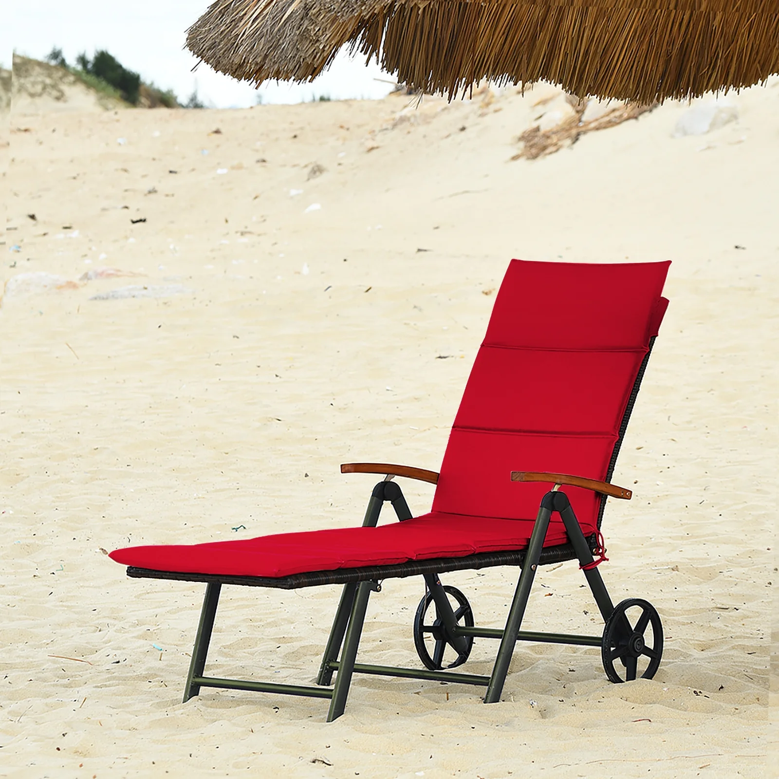 Outdoor Chaise Lounge Rattan Recliner Chair, Red - Image 2