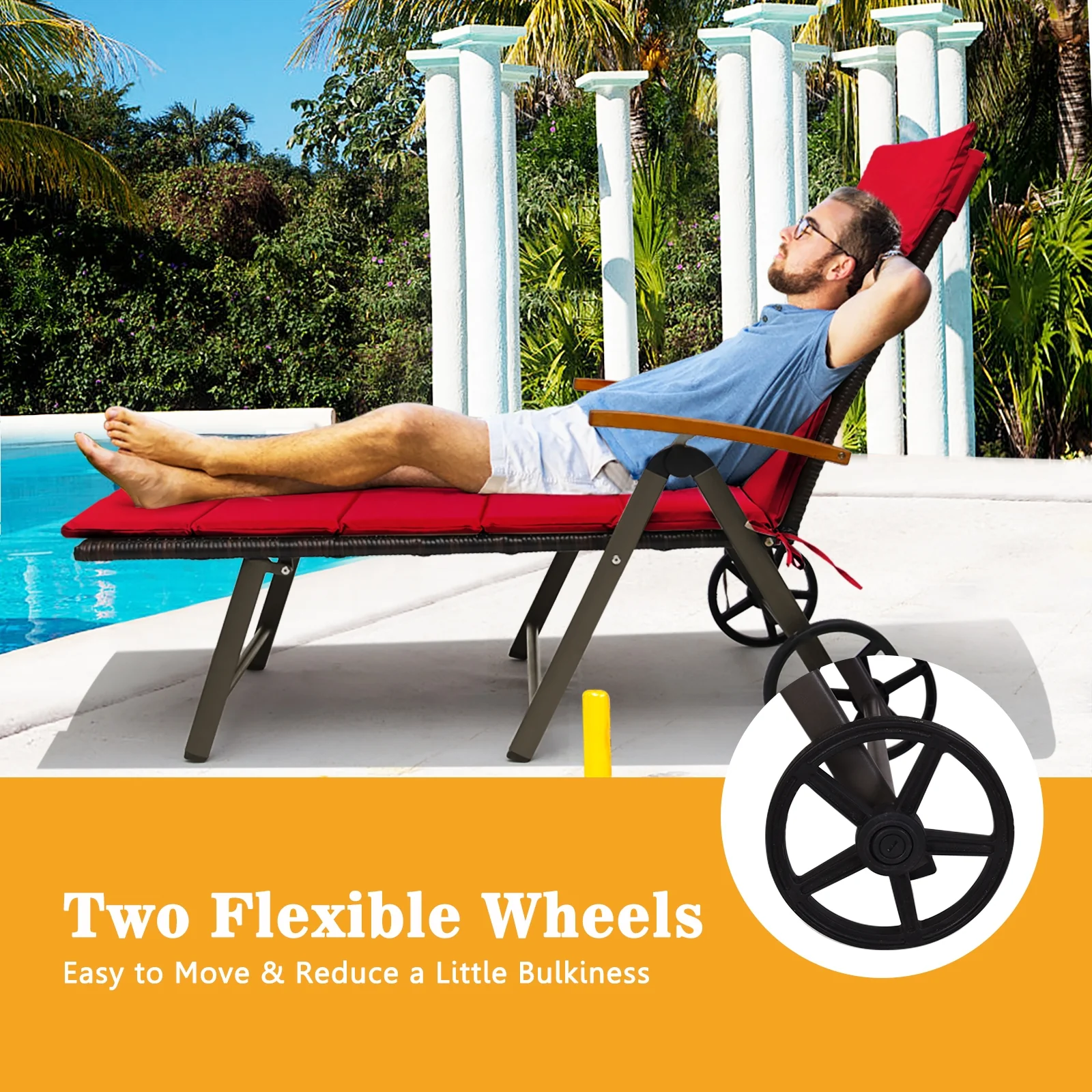 Outdoor Chaise Lounge Rattan Recliner Chair, Red - Image 3