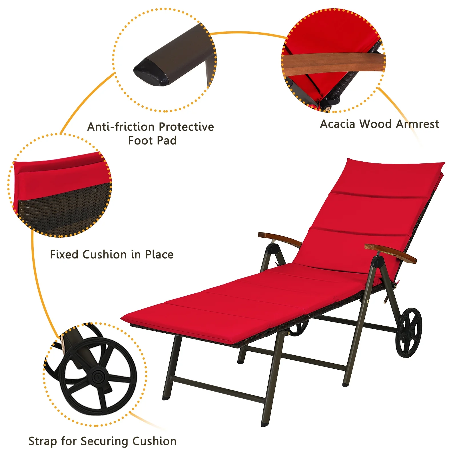 Outdoor Chaise Lounge Rattan Recliner Chair, Red - Image 6