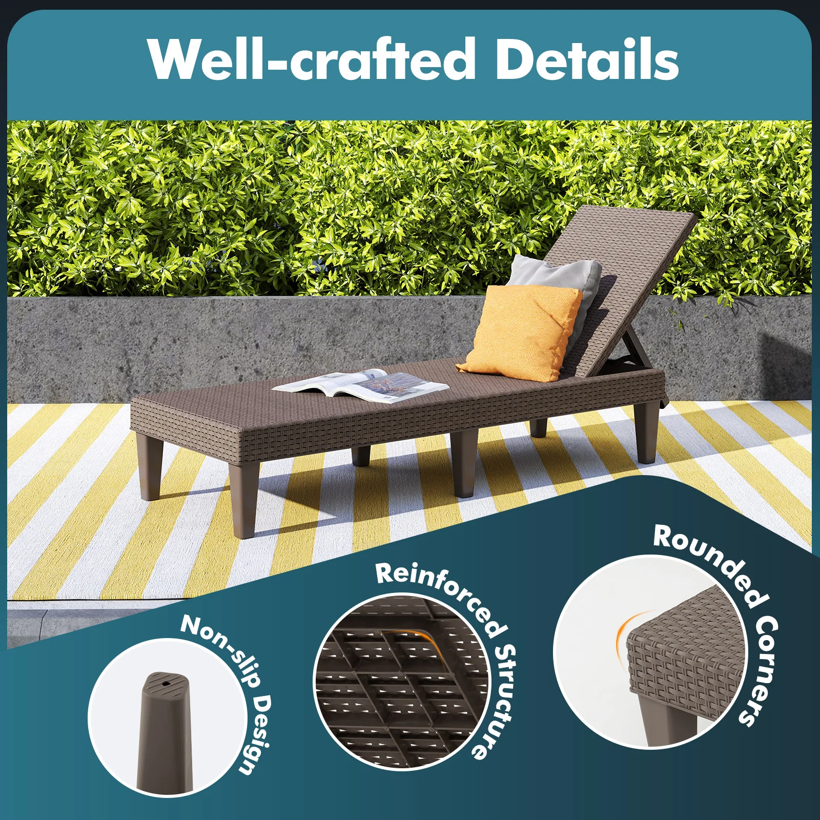 Outdoor Chaise Lounger Chair, 330 lbs Capacity, Brown - Image 10