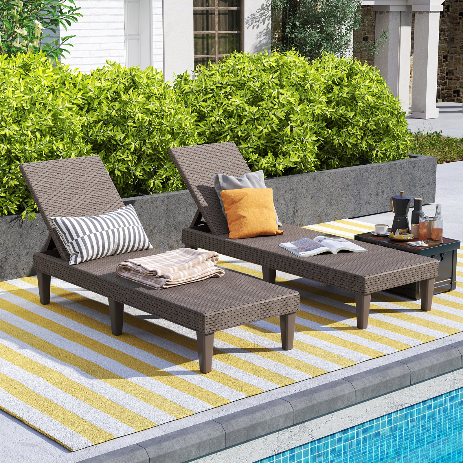 Outdoor Chaise Lounger Chair Set, Waterproof Rattan PP, Brown - Image 2