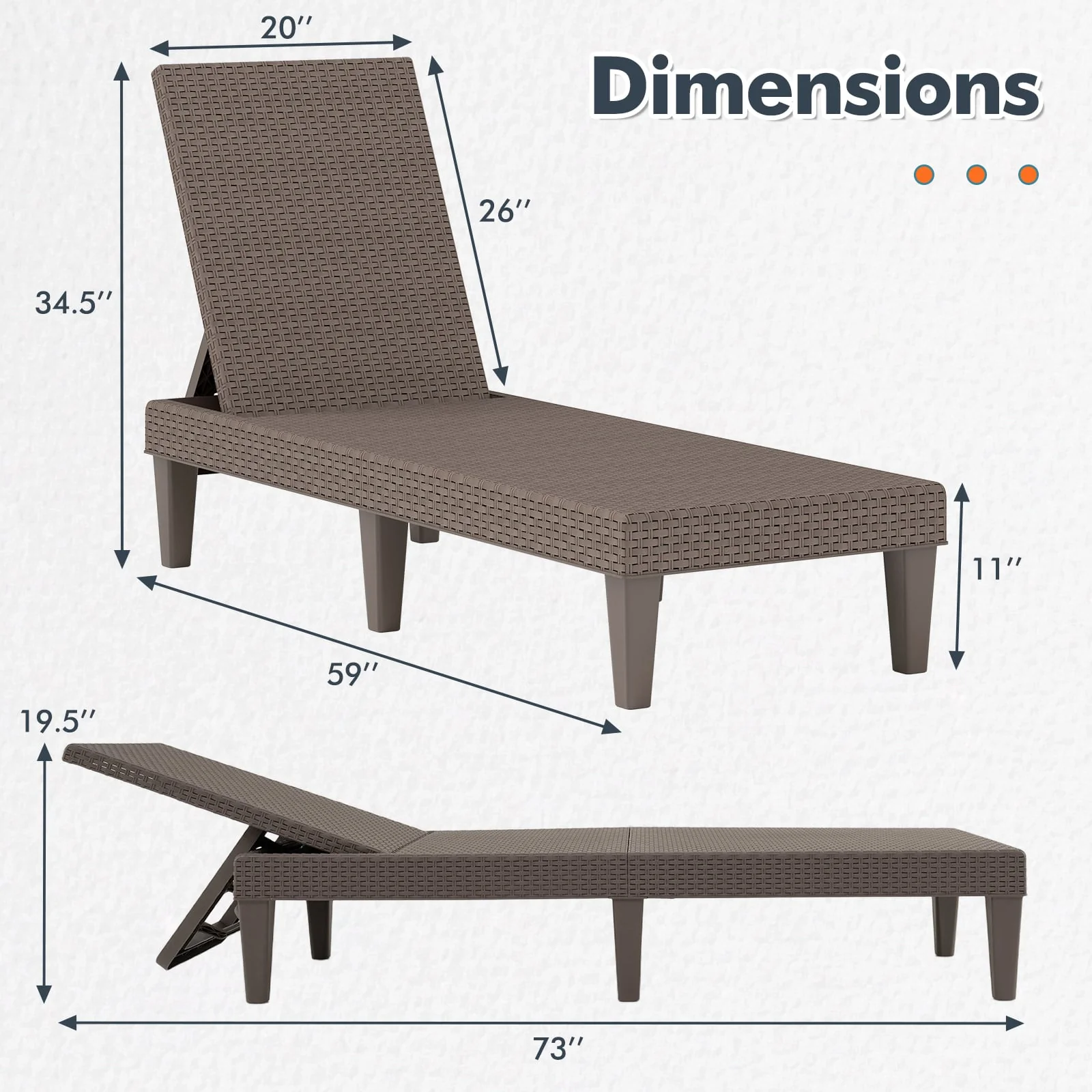 Outdoor Chaise Lounger Chair Set, Waterproof Rattan PP, Brown - Image 4