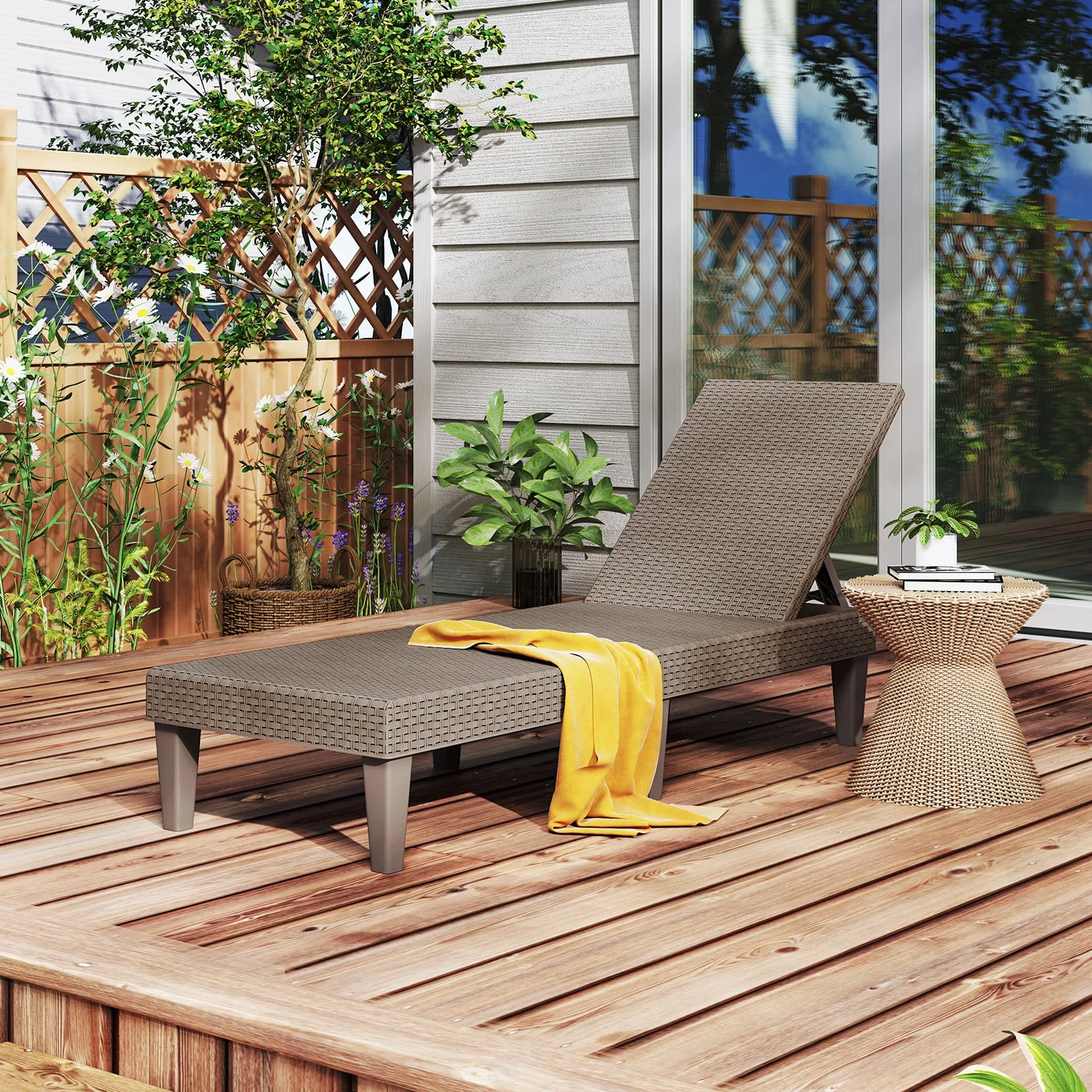 Outdoor Chaise Lounger Chair Set, Waterproof Rattan PP, Brown - Image 5