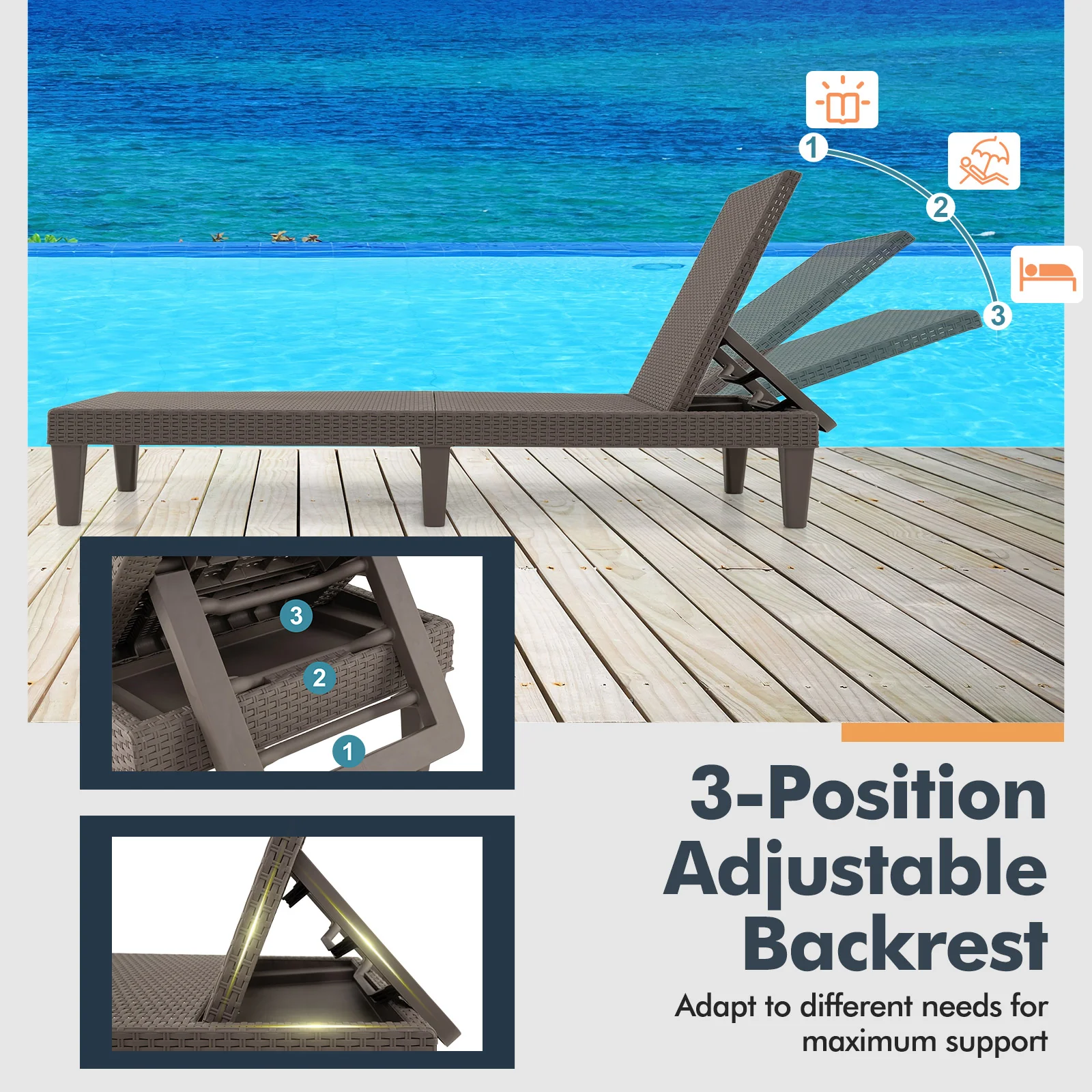 Outdoor Chaise Lounger Chair Set, Waterproof Rattan PP, Brown - Image 6