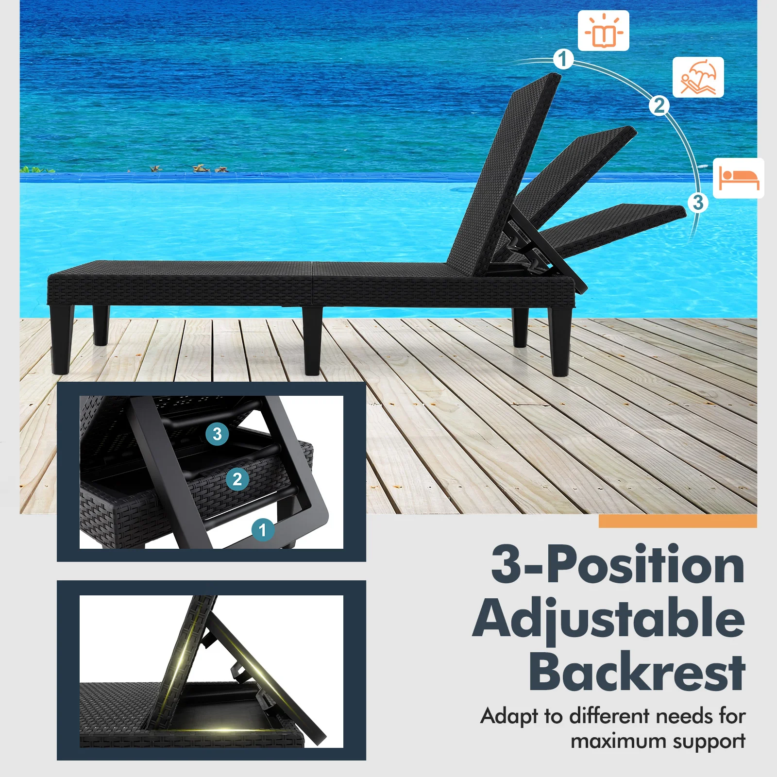 Outdoor Chaise Lounger Chair, Waterproof Rattan Textured PP, 330 lbs, Black - Image 10