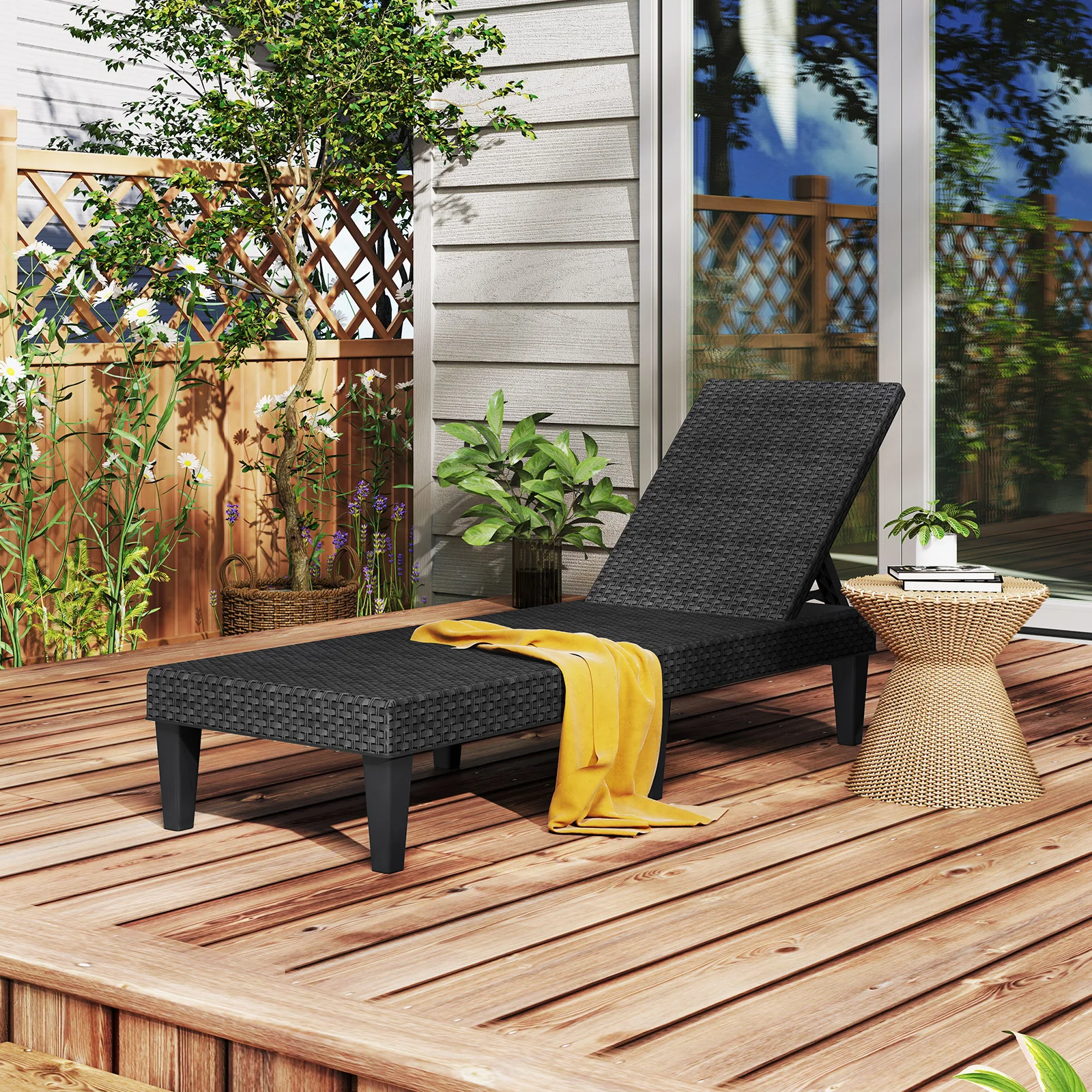 Outdoor Chaise Lounger Chair, Waterproof Rattan Textured PP, 330 lbs, Black - Image 6